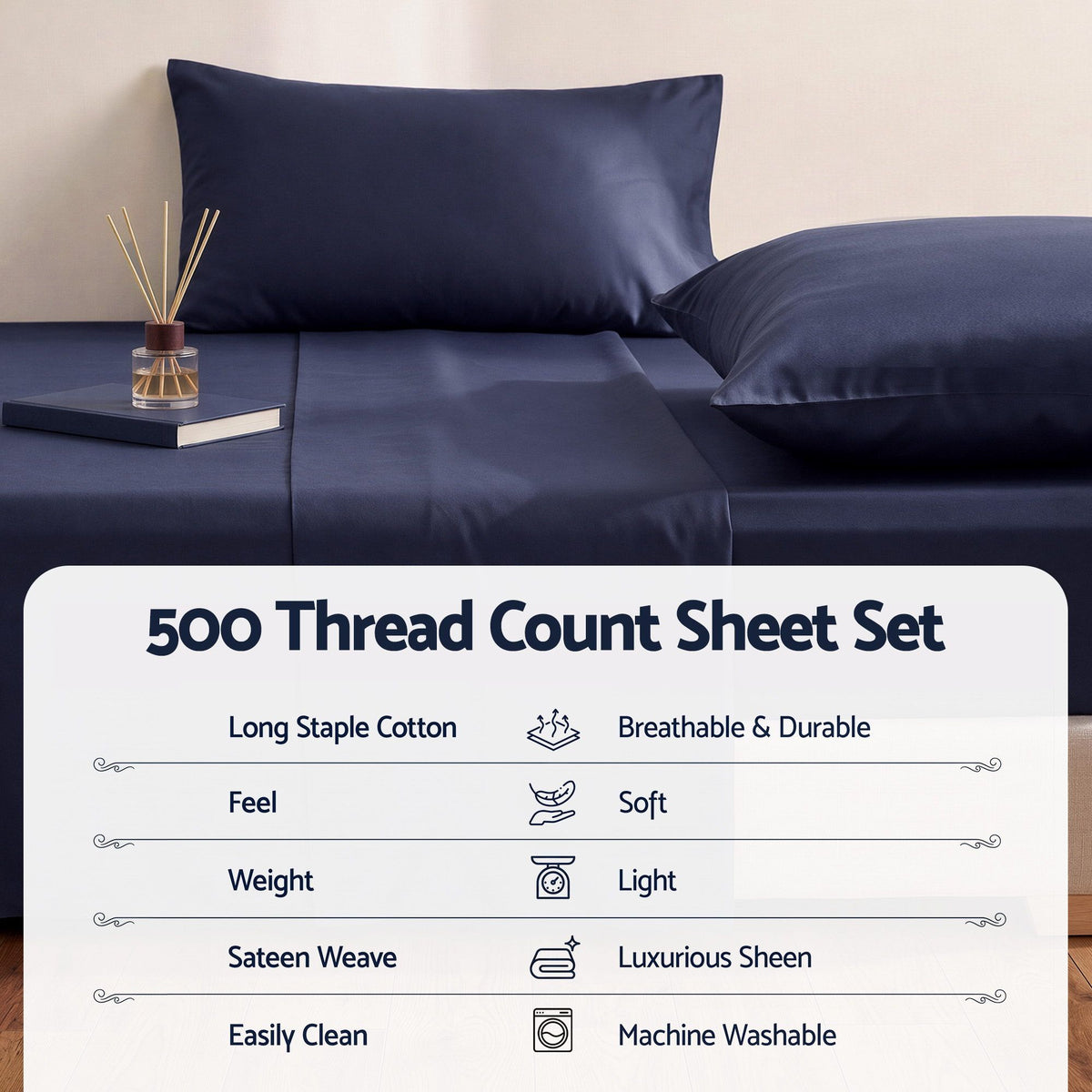 Giselle Double 500TC Cotton 4Pcs Sheet Set 40cm Extra Deep Pocket Navy Blue