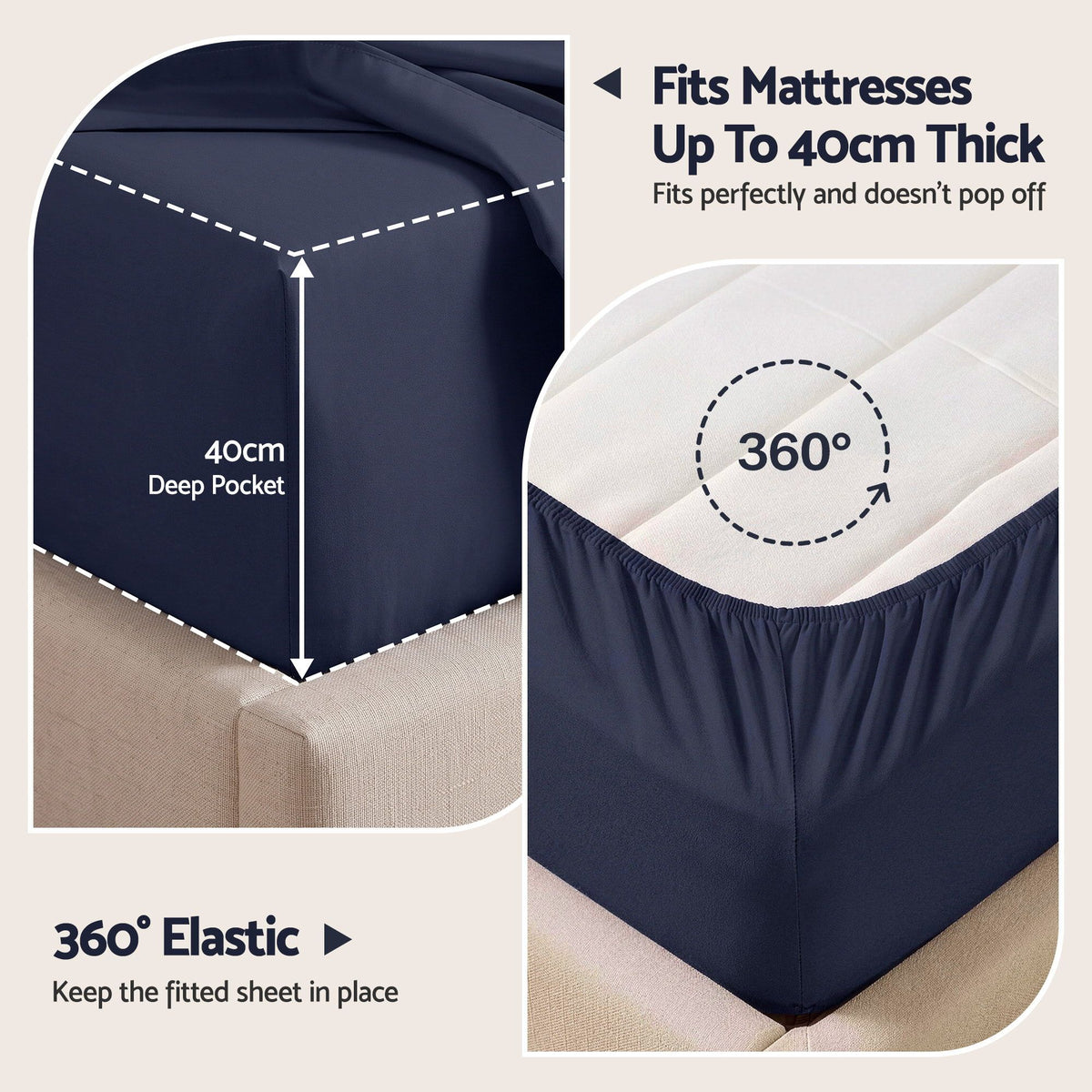 Giselle King 500TC Cotton 4Pcs Sheet Set 40cm Extra Deep Pocket Navy Blue
