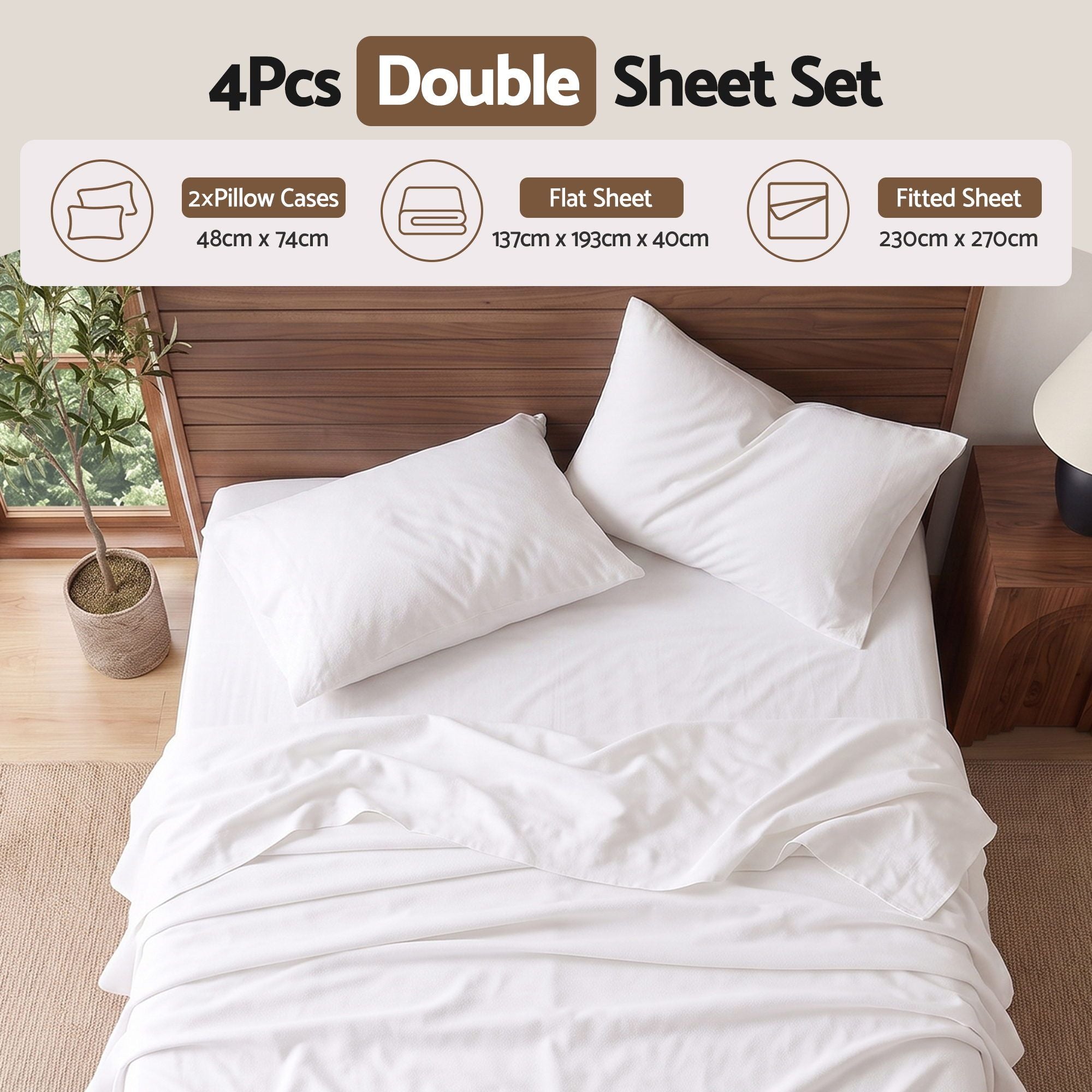 Giselle Double 500TC Cotton 4Pcs Sheet Set 40cm Extra Deep Pocket White