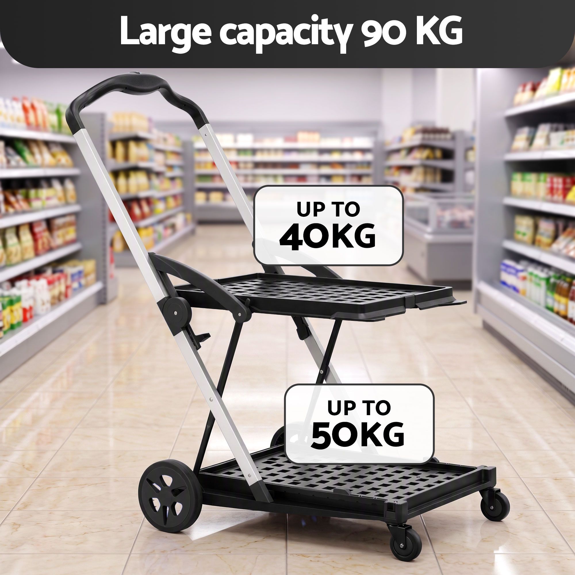 Artiss Shopping Trolley with Wheels 2 Layer w/2 Crates Foldable Trolley Black