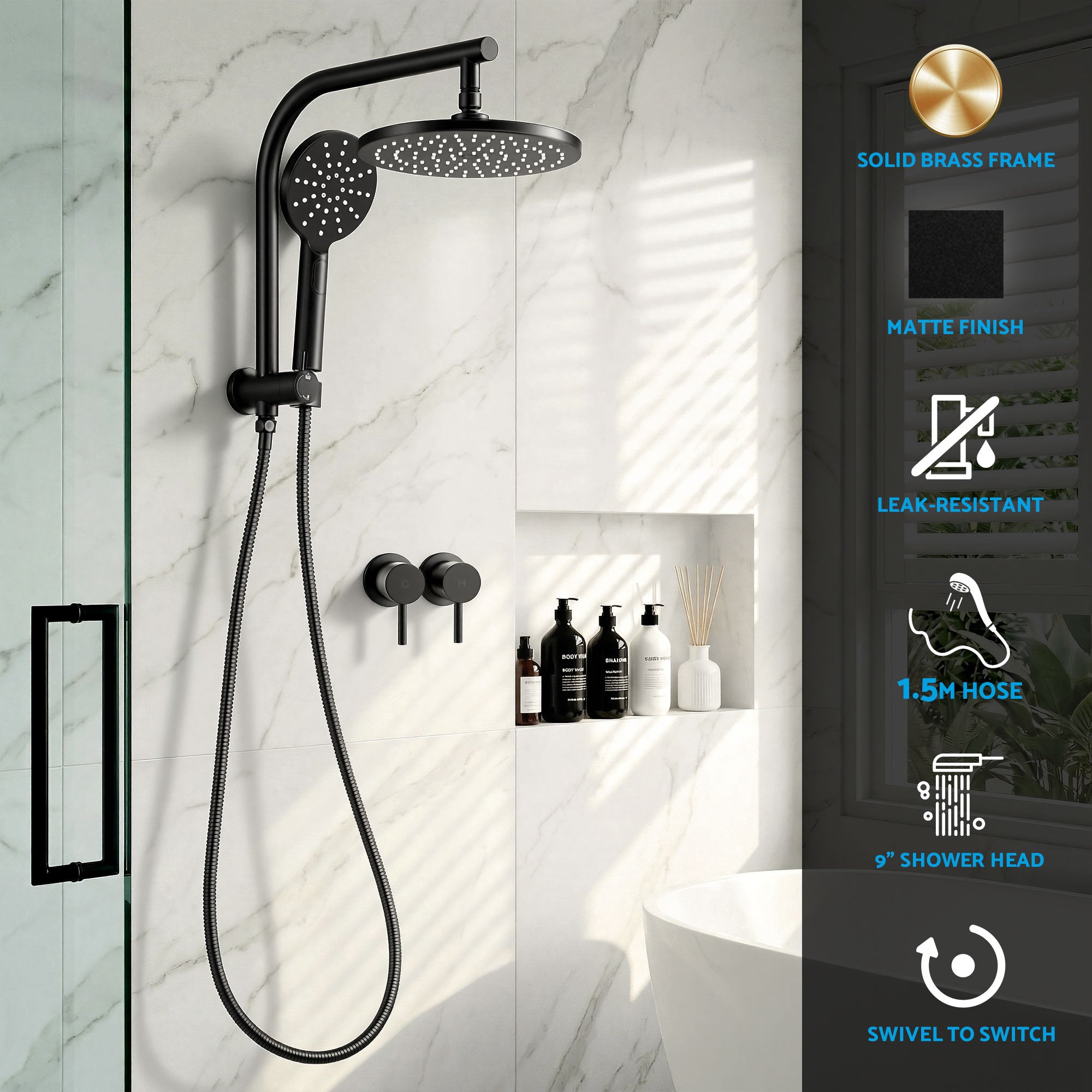 Cefito 9'' Rain Shower Head Set Handheld Round High Pressure Twins Tap Chrome