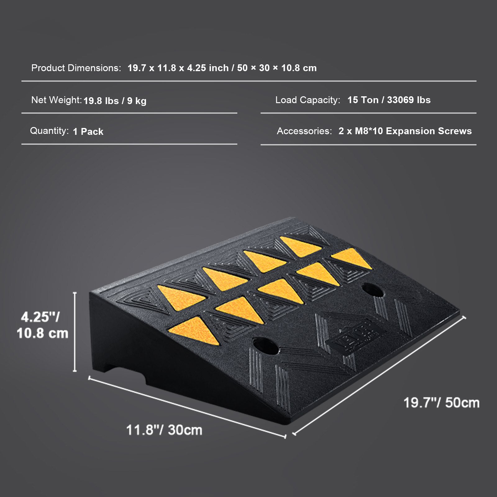 Rubber Curb Ramp 10.8cm Rise 30x50cm Heavy-Duty 15T Driveway Ramp for Vehicles