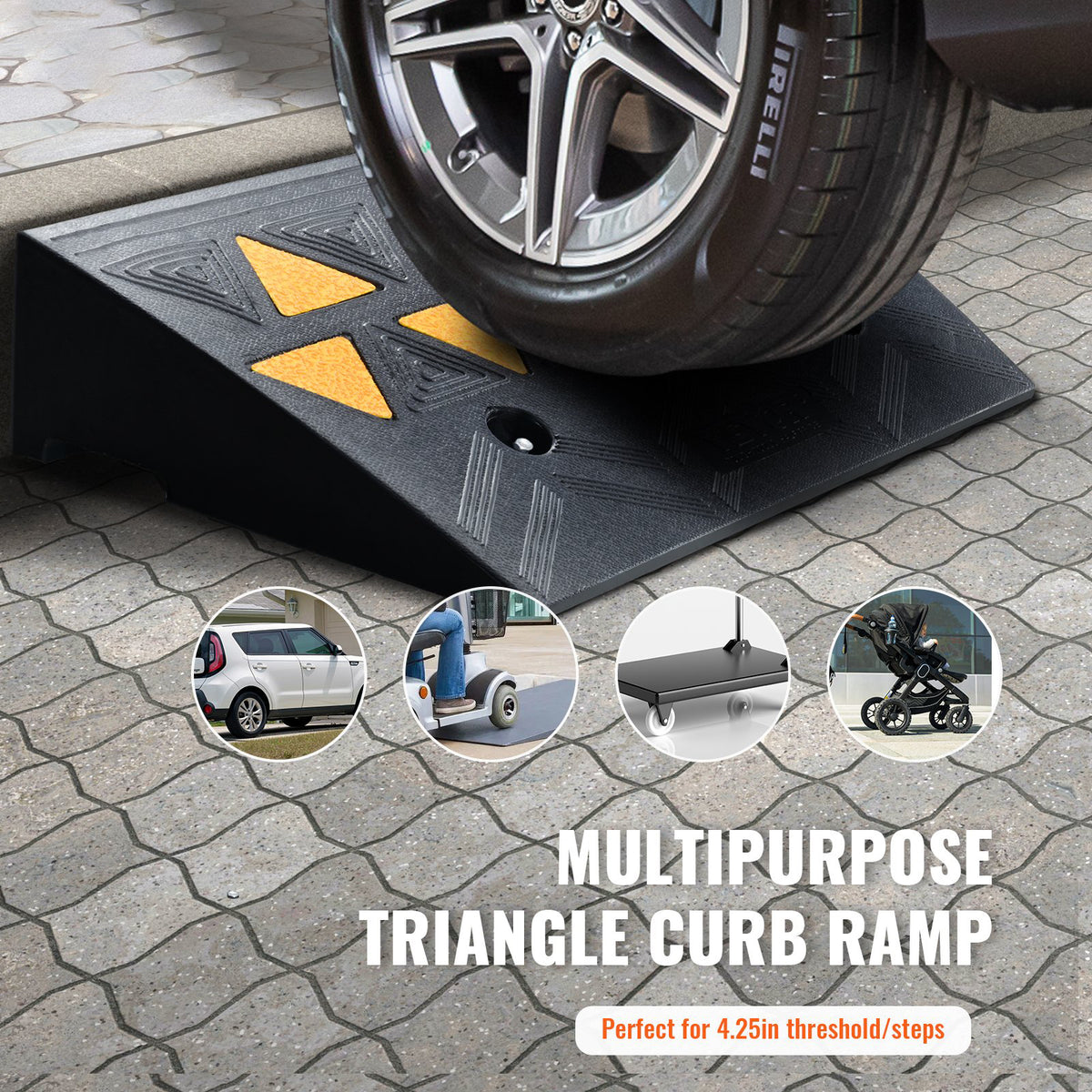 Rubber Curb Ramp 10.8cm Rise 30x50cm Heavy-Duty 15T Driveway Ramp for Vehicles