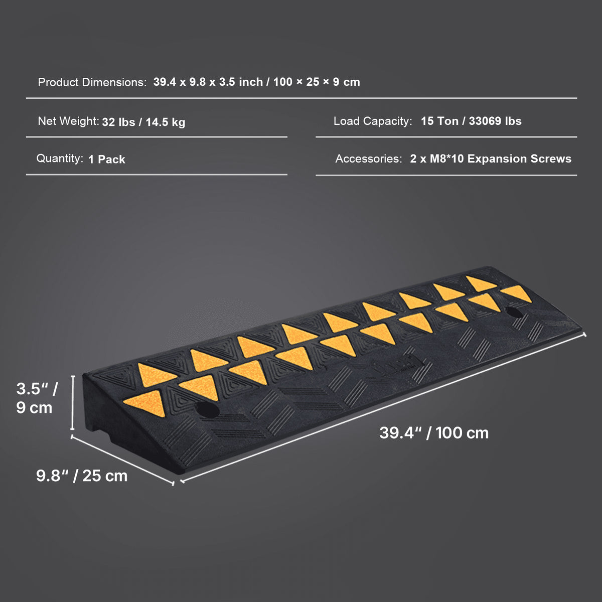 Rubber Curb Ramp 9cm Rise 25x100cm Heavy-Duty 15T Driveway Ramp for Vehicles