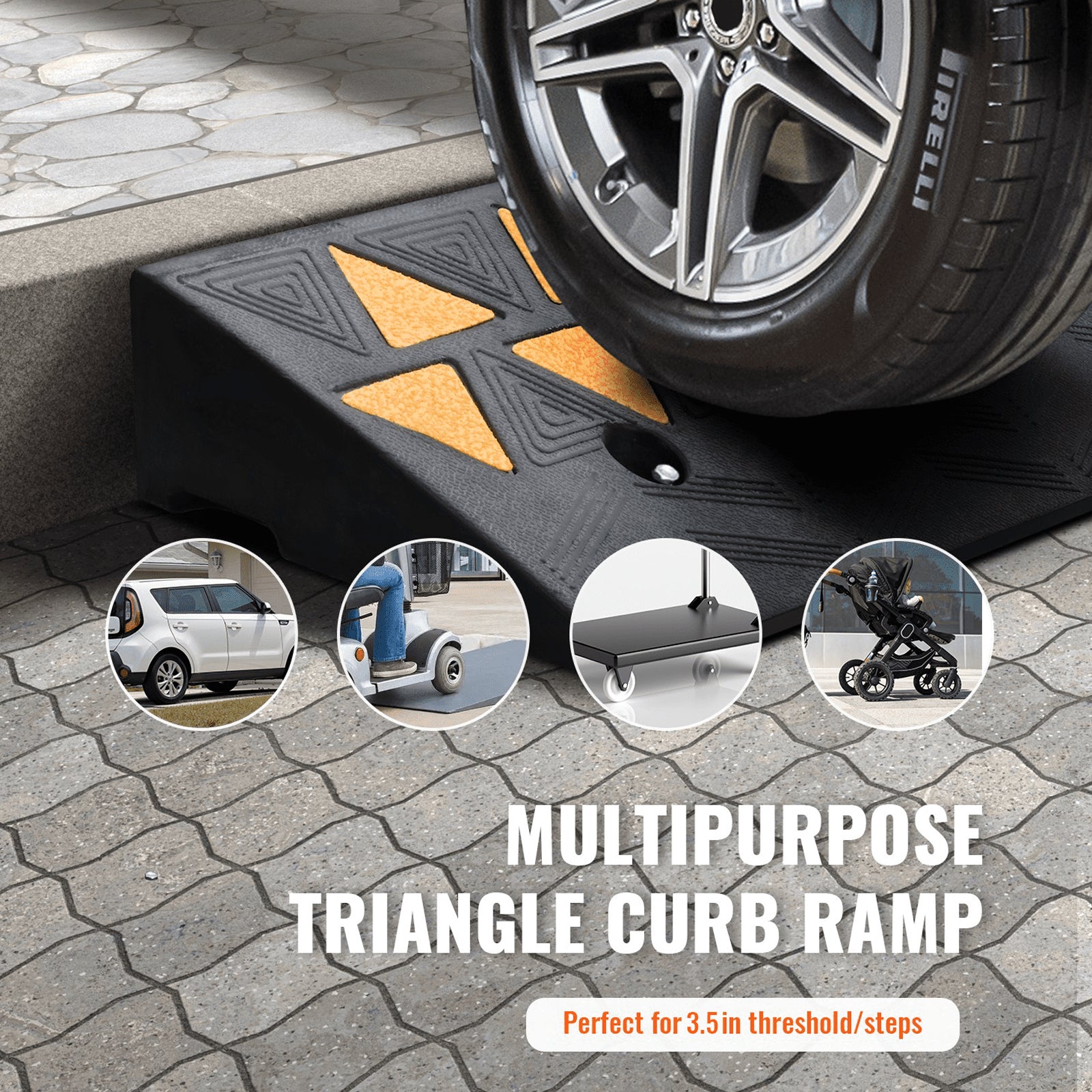 Rubber Curb Ramp 9cm Rise 25x100cm Heavy-Duty 15T Driveway Ramp for Vehicles