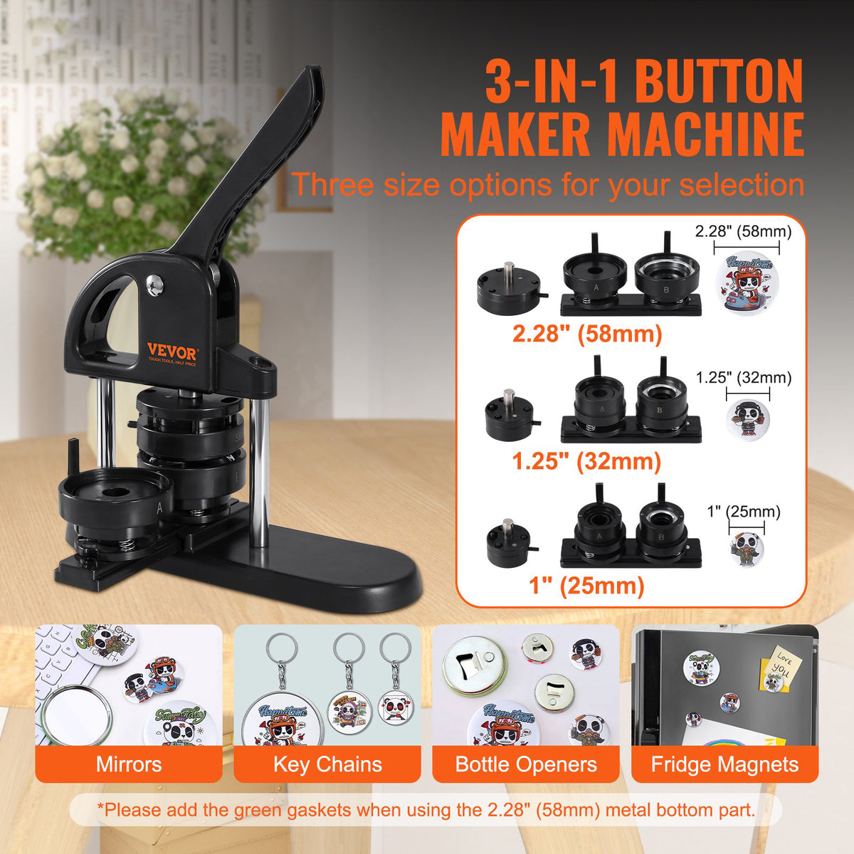 Button Maker Machine 3-in-1 1/1.25/2.28" Pin Maker Badge Press Kit 300 Parts