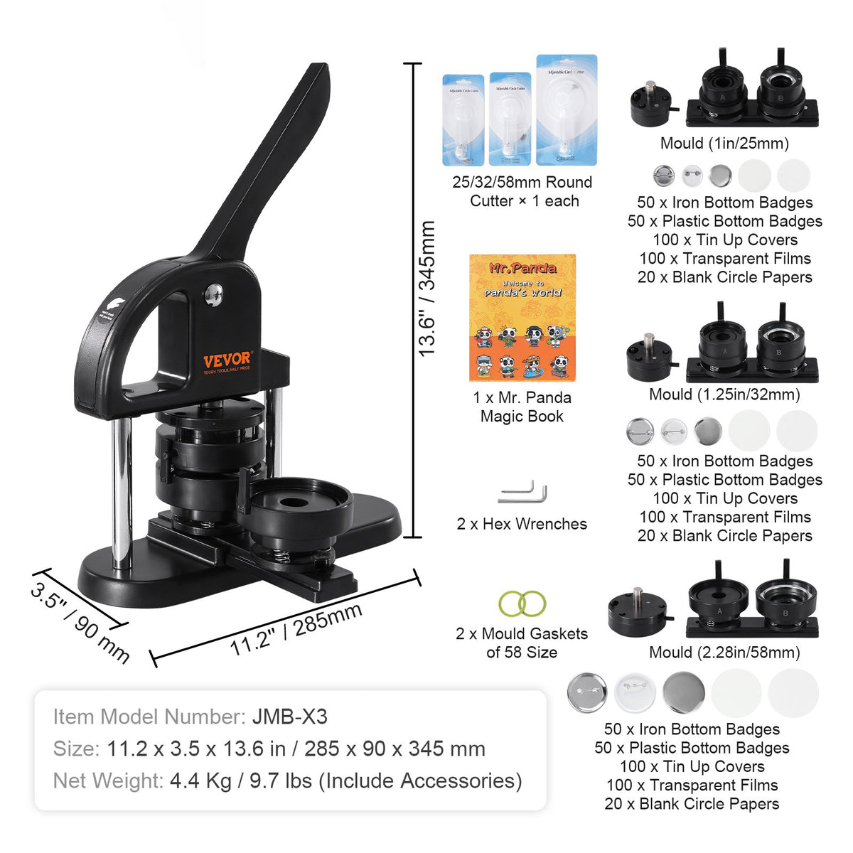 Button Maker Machine 3-in-1 1/1.25/2.28" Pin Maker Badge Press Kit 300 Parts