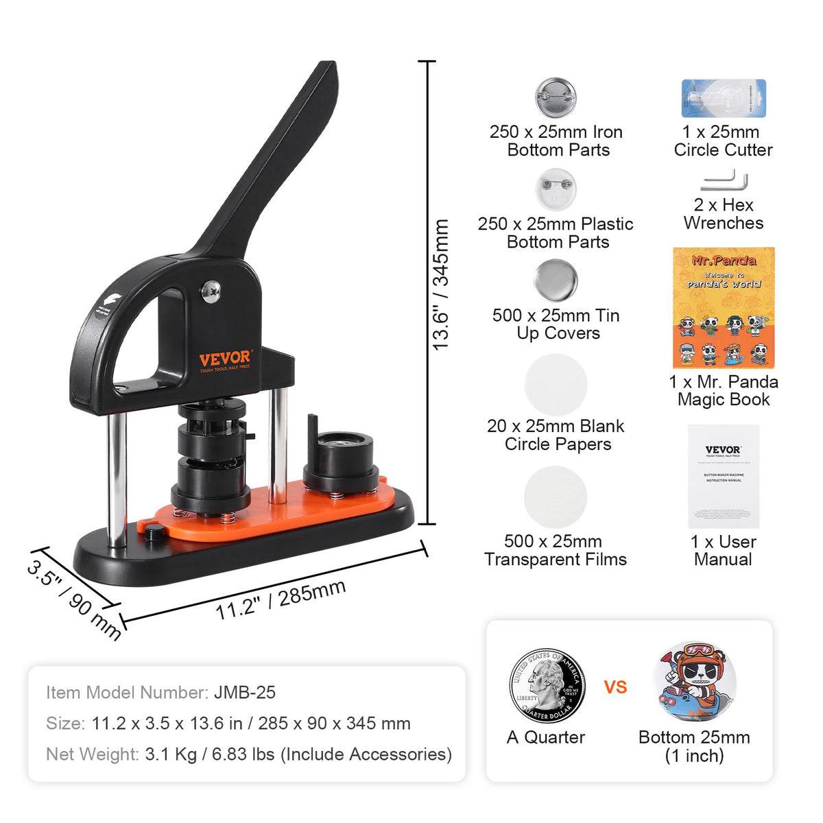 Button Maker Machine 0.98" 25MM Pin Maker Badge Press Kit 500 Parts