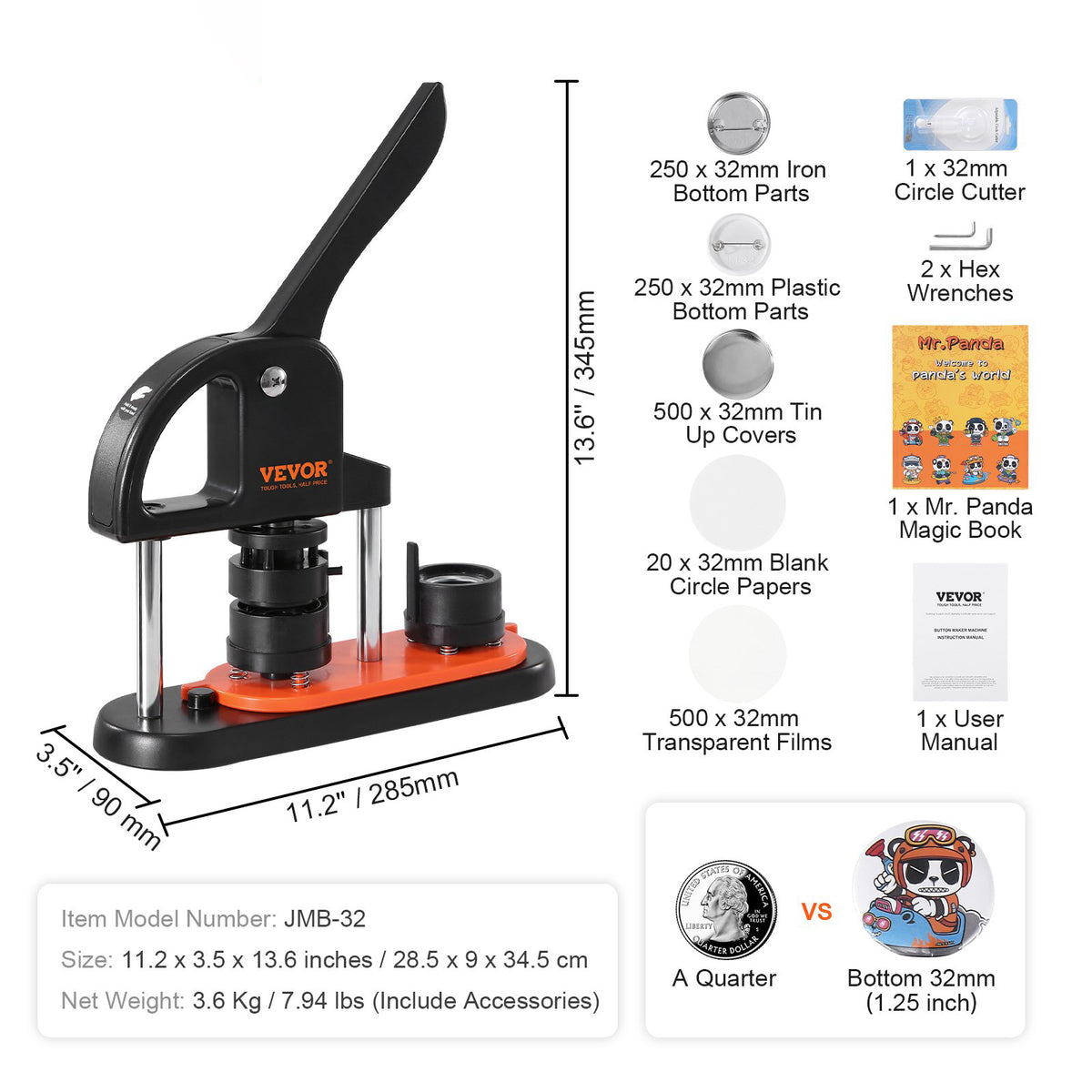 Button Maker Machine 1.25" 32MM Pin Maker Badge Press Kit 500 Parts