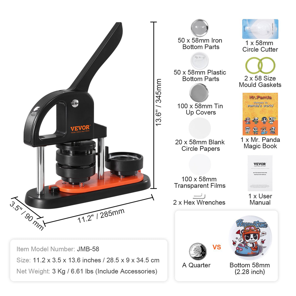 Button Maker Machine 2.28" 58MM Pin Maker Badge Press Kit 500 Parts