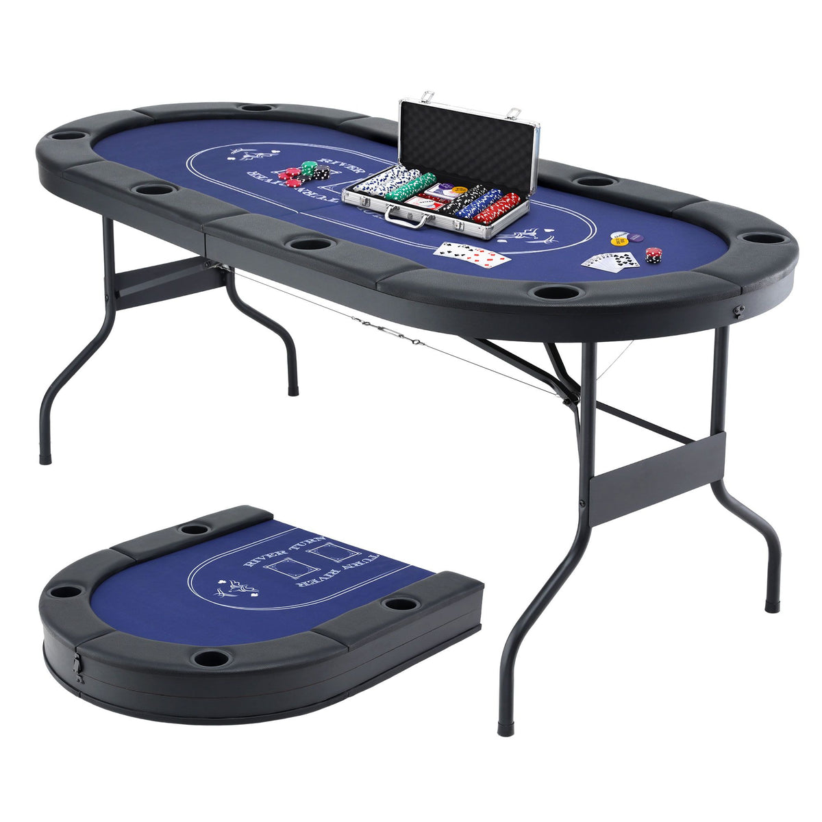 8 Player 1.8m Folding Poker Table 300pcs Chips Set Portable Card Game Blue