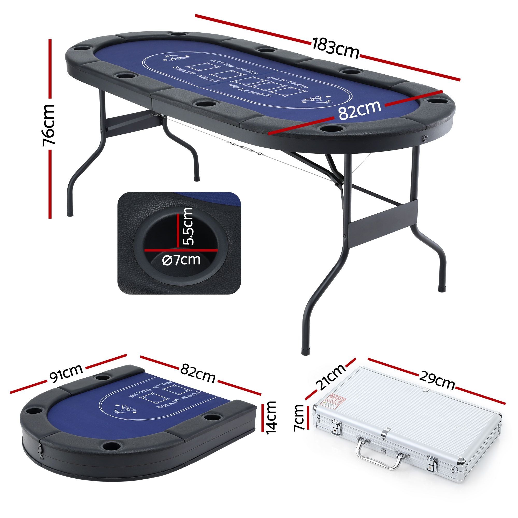 8 Player 1.8m Folding Poker Table 300pcs Chips Set Portable Card Game Blue