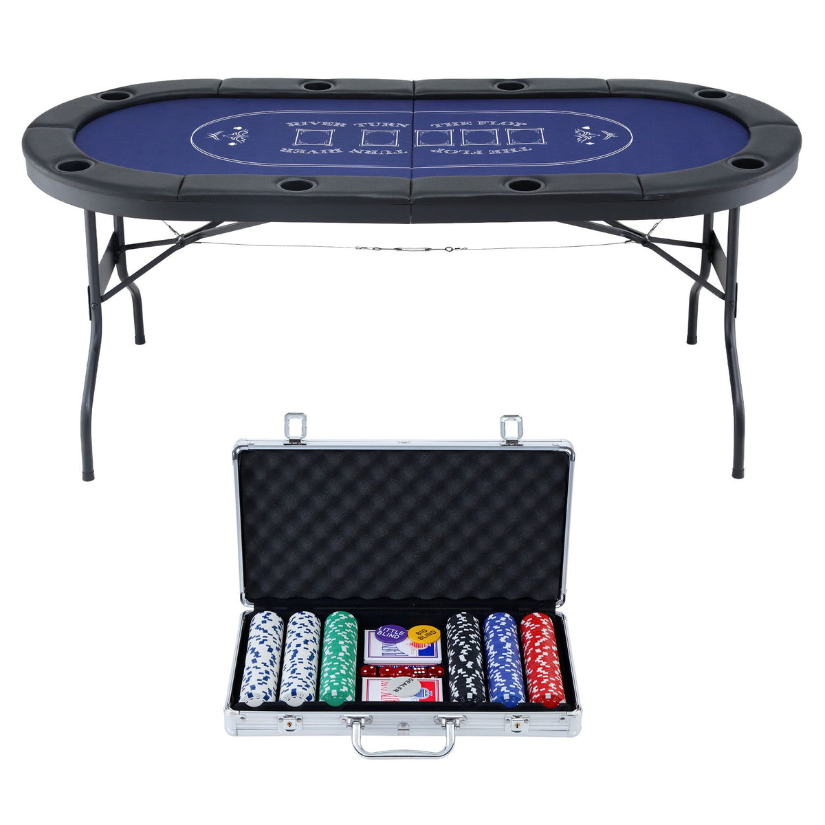 8 Player 1.8m Folding Poker Table 300pcs Chips Set Portable Card Game Blue