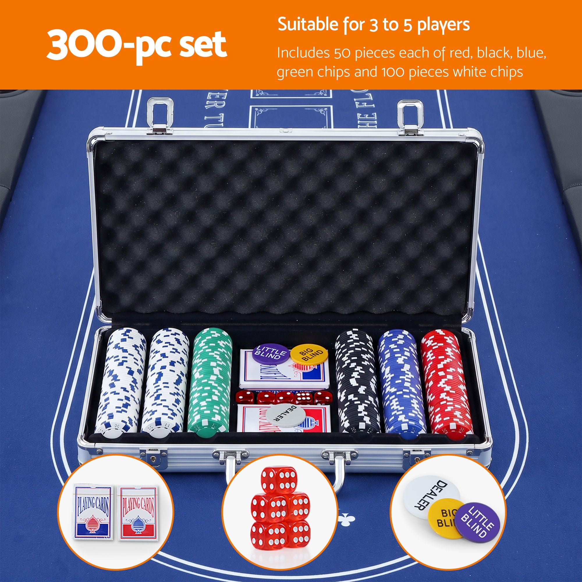 8 Player 1.8m Folding Poker Table 300pcs Chips Set Portable Card Game Blue