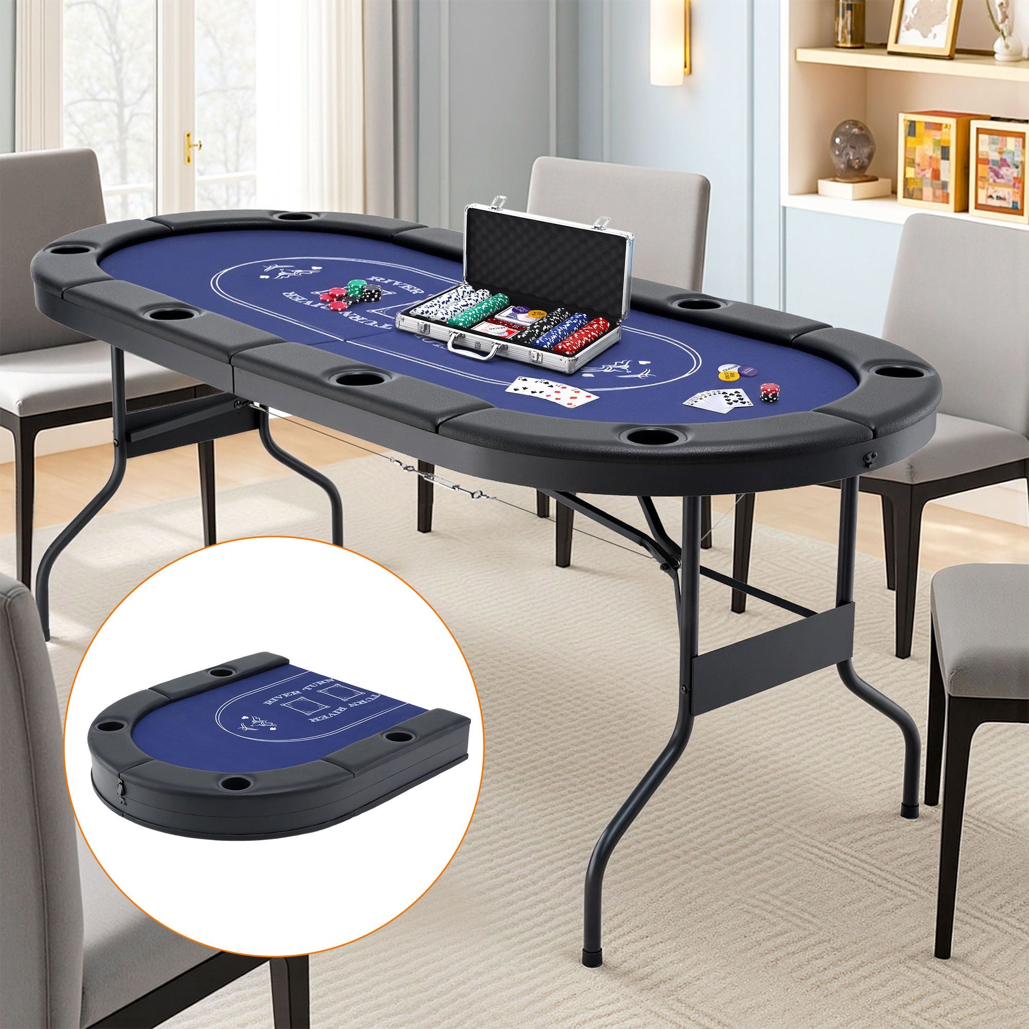 8 Player 1.8m Folding Poker Table 300pcs Chips Set Portable Card Game Blue