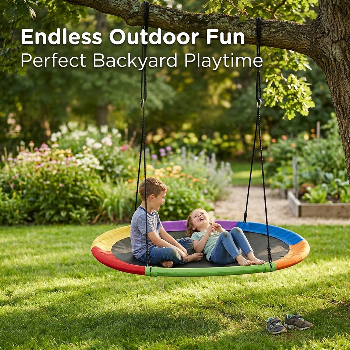 Flying Oval Tree Swing Set with Adjustable Hanging Ropes Outdoor Multicolour