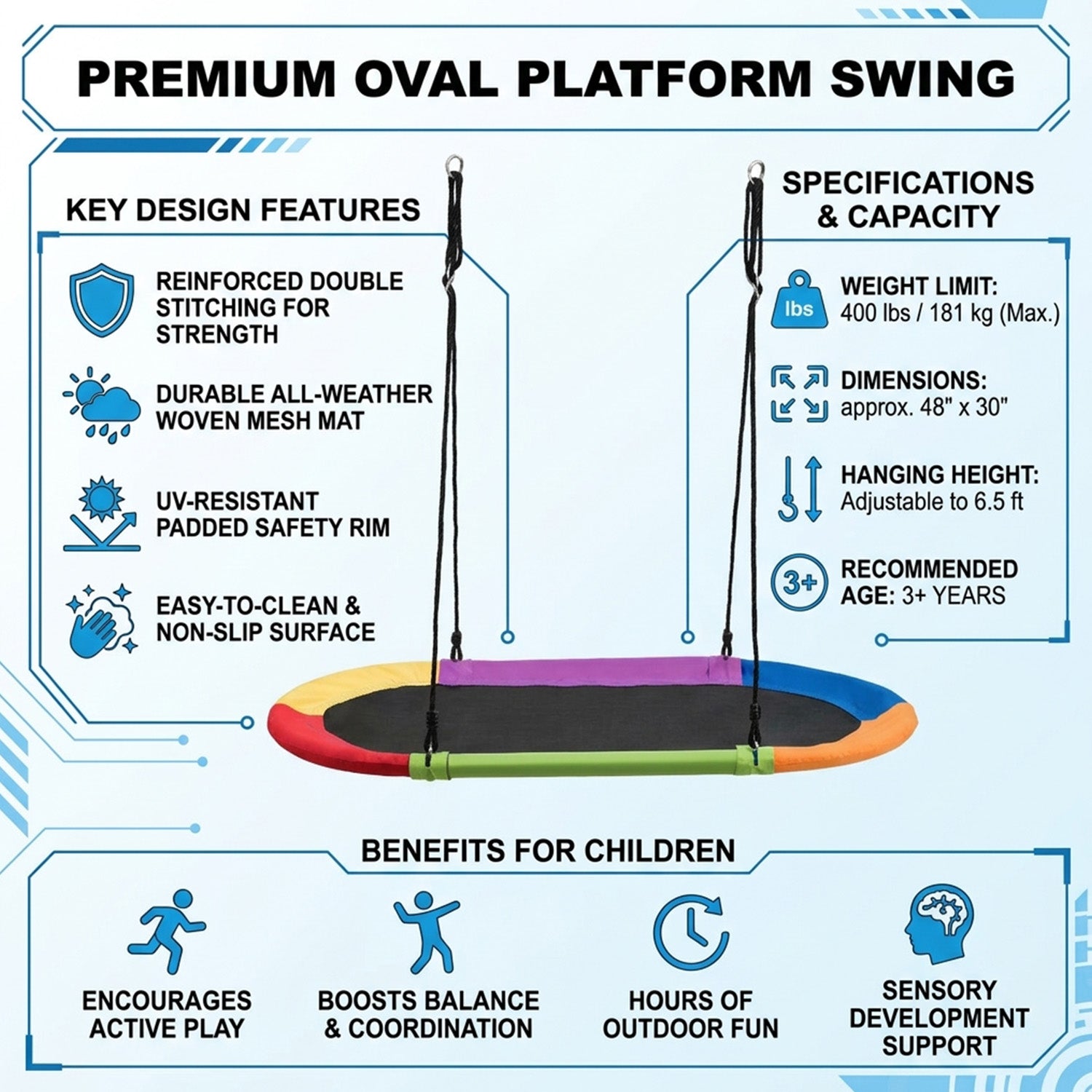 Flying Oval Tree Swing Set with Adjustable Hanging Ropes Outdoor Multicolour