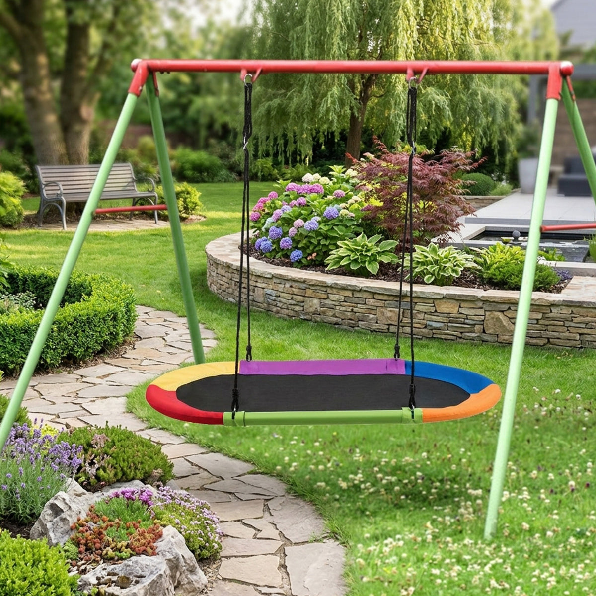 Flying Oval Tree Swing Set with Adjustable Hanging Ropes Outdoor Multicolour