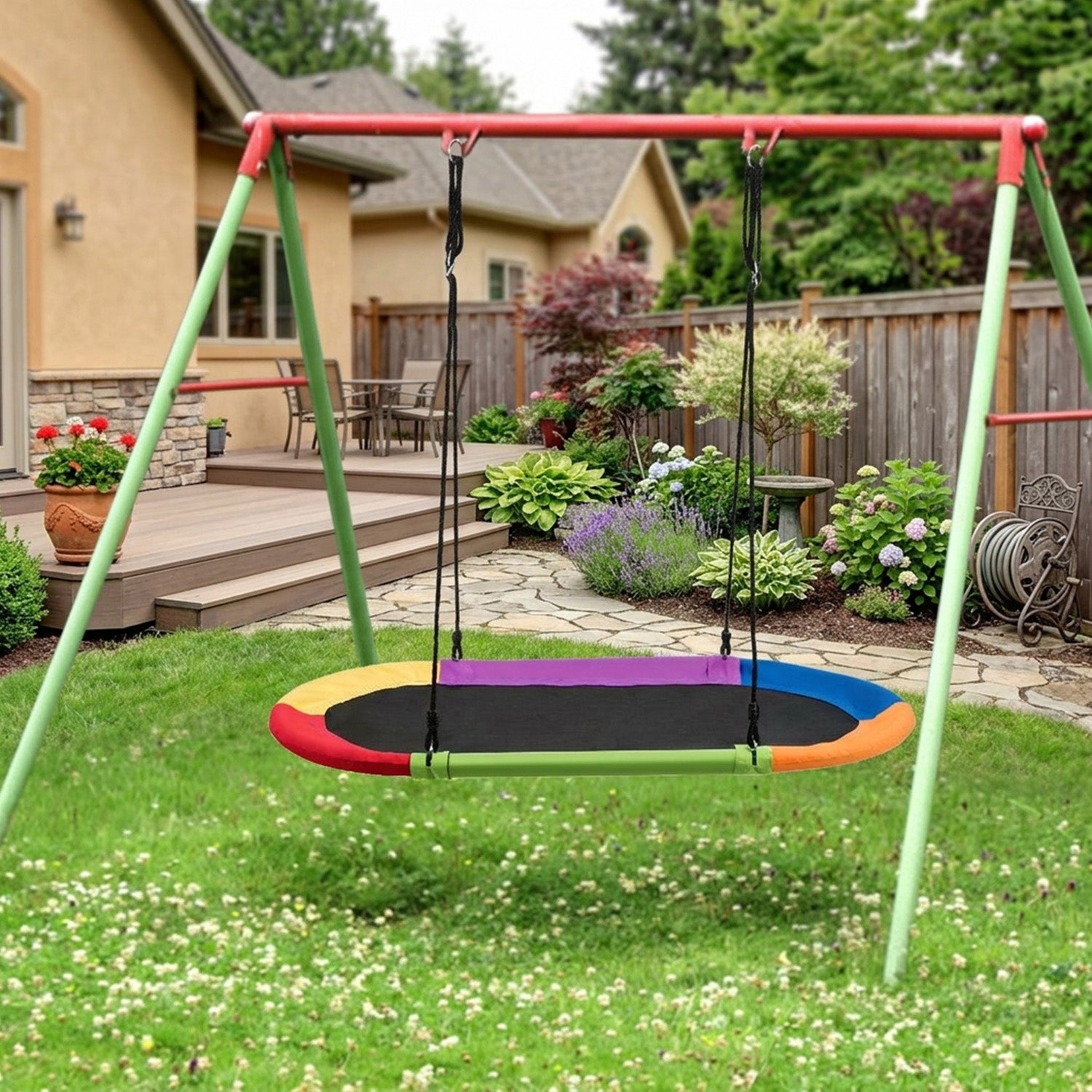 Flying Oval Tree Swing Set with Adjustable Hanging Ropes Outdoor Multicolour
