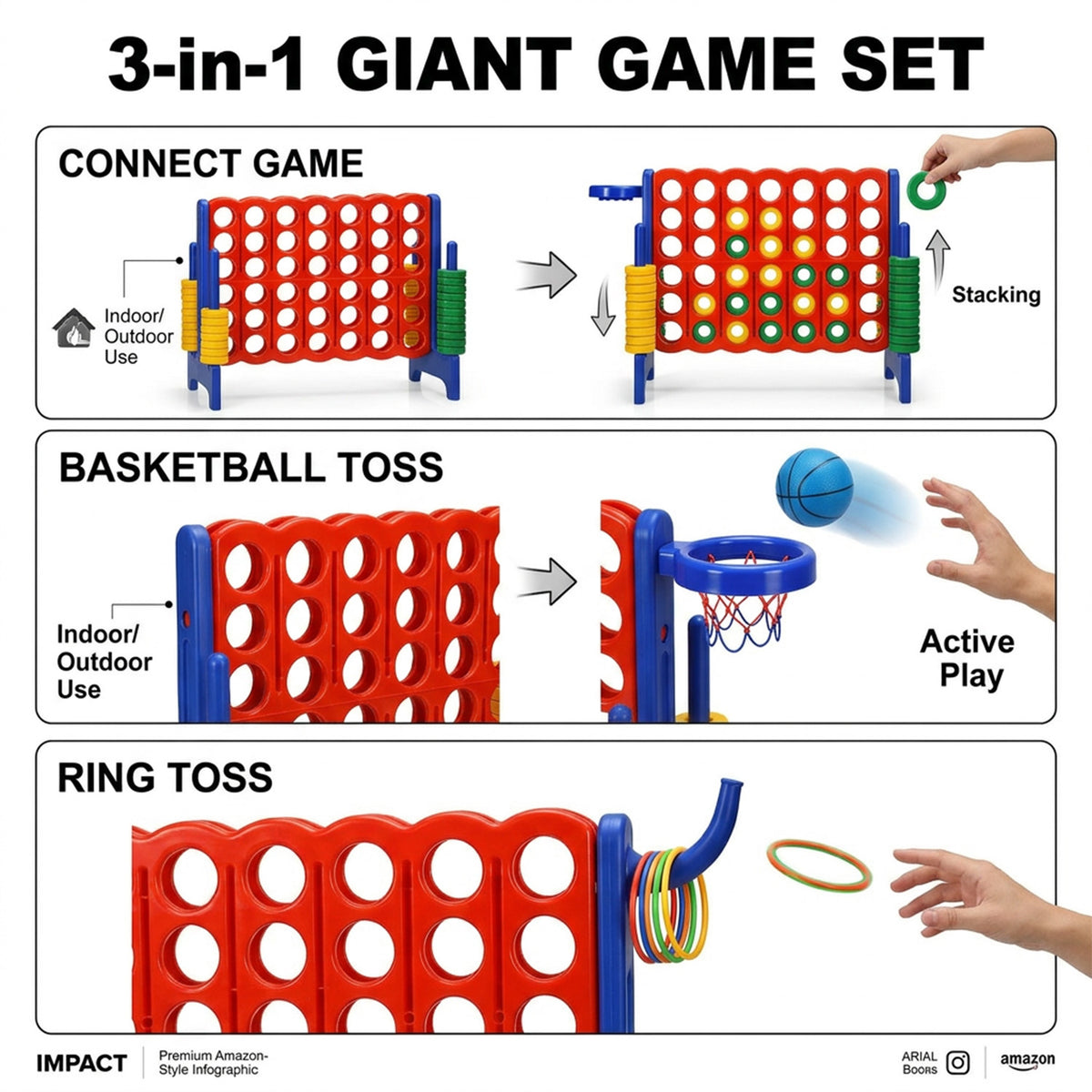 Premium Plastic Jumbo Connect 4 Game with 42 Jumbo Rings Family Outdoor Fun