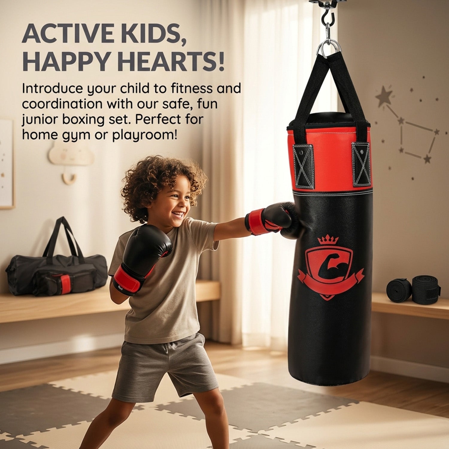 Kids Hanging Punching Bag Set with Gloves Hand Wraps and Storage Bag Boxing