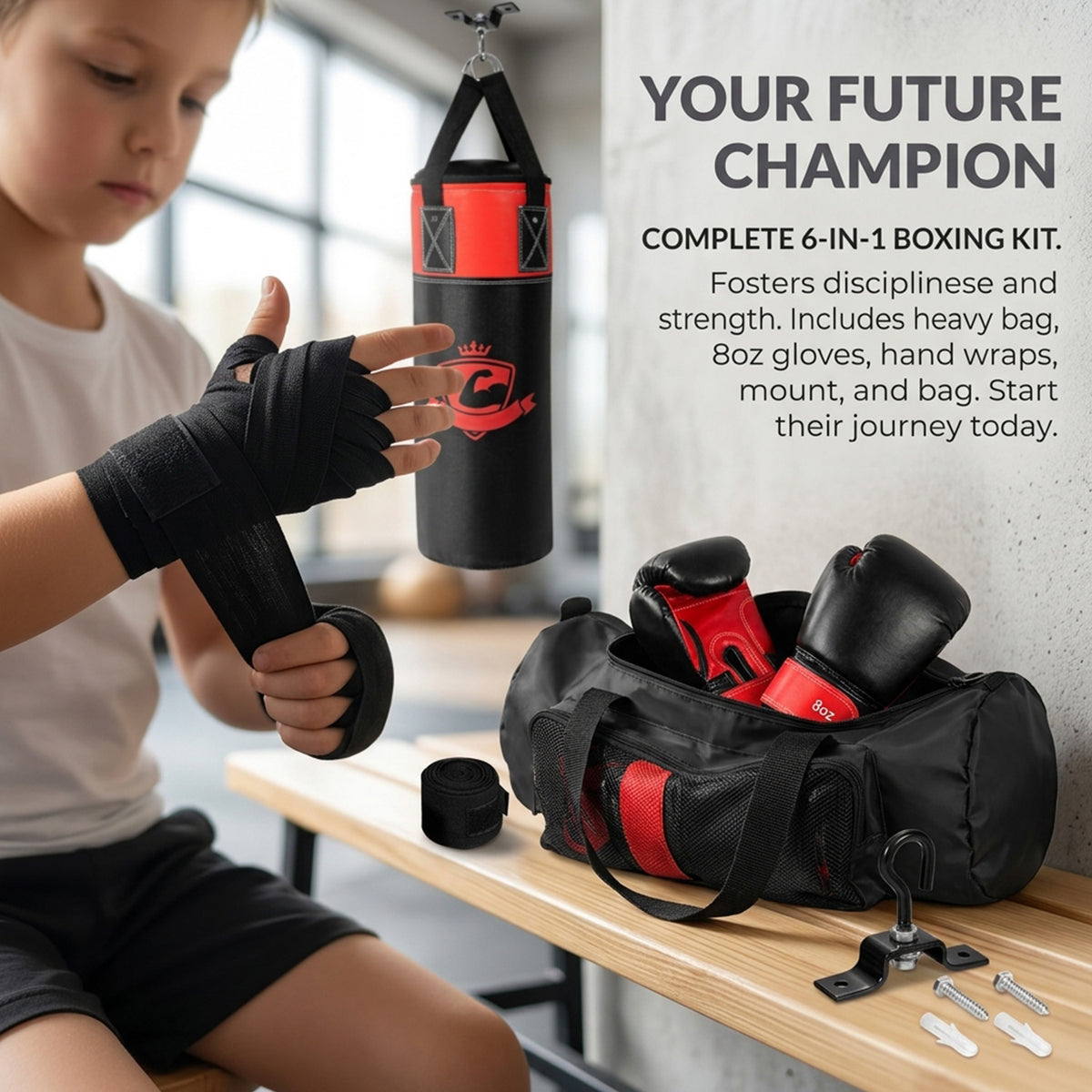 Kids Hanging Punching Bag Set with Gloves Hand Wraps and Storage Bag Boxing