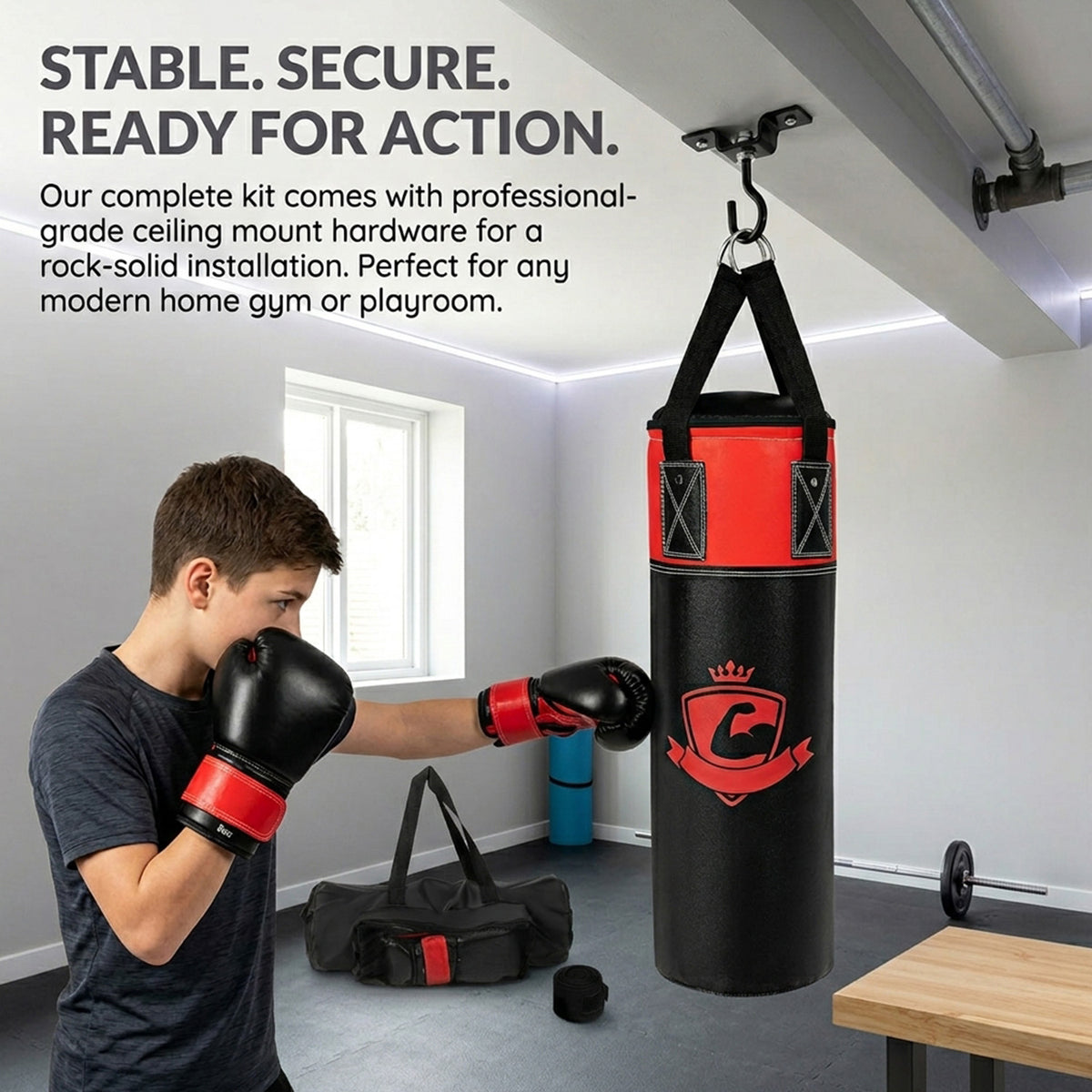 Kids Hanging Punching Bag Set with Gloves Hand Wraps and Storage Bag Boxing