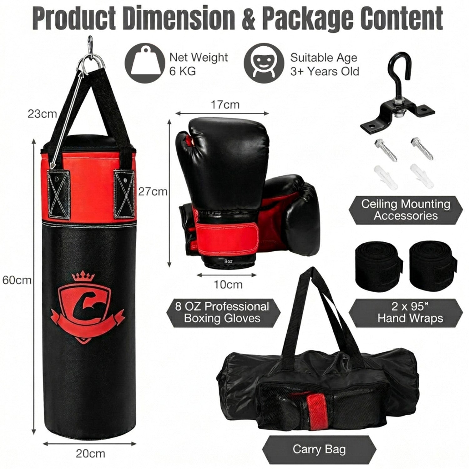 Kids Hanging Punching Bag Set with Gloves Hand Wraps and Storage Bag Boxing
