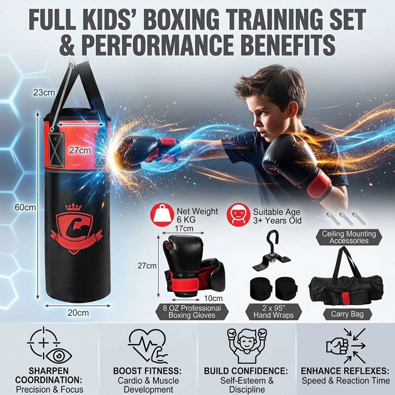 Kids Hanging Punching Bag Set with Gloves Hand Wraps and Storage Bag Boxing