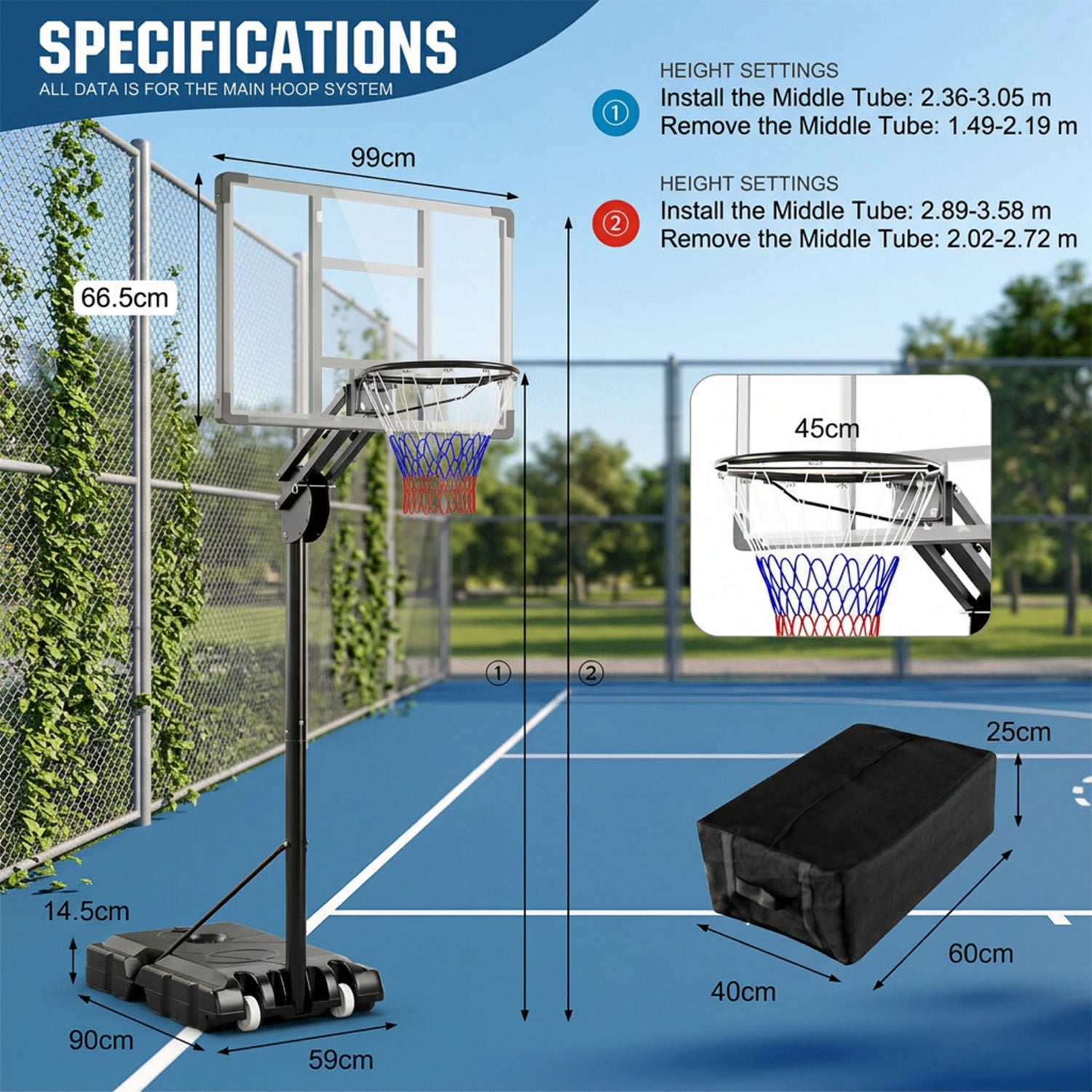 1.5-3.05m Adjustable Basketball Hoop with Shatterproof Backboard and 2 Wheels