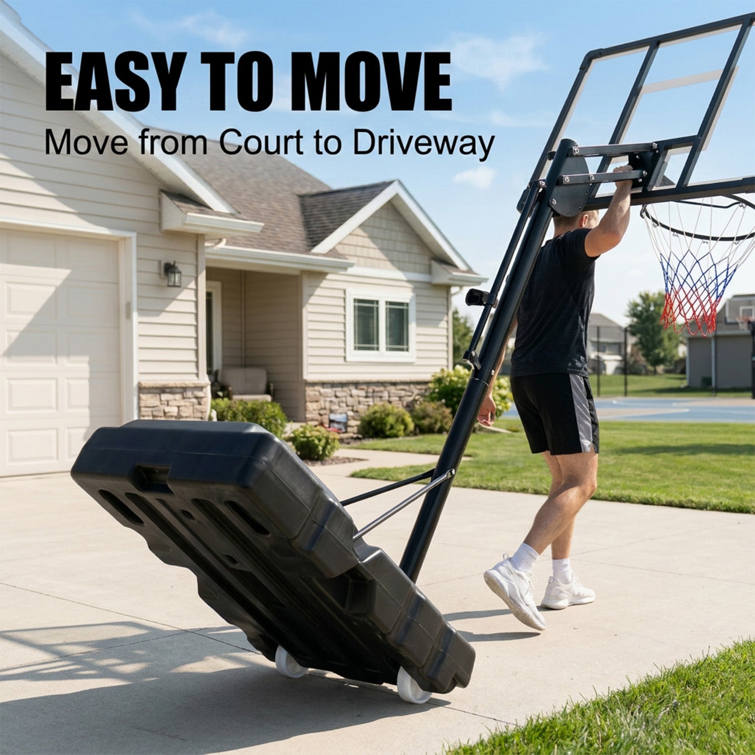 1.5-3.05m Adjustable Basketball Hoop with Shatterproof Backboard and 2 Wheels