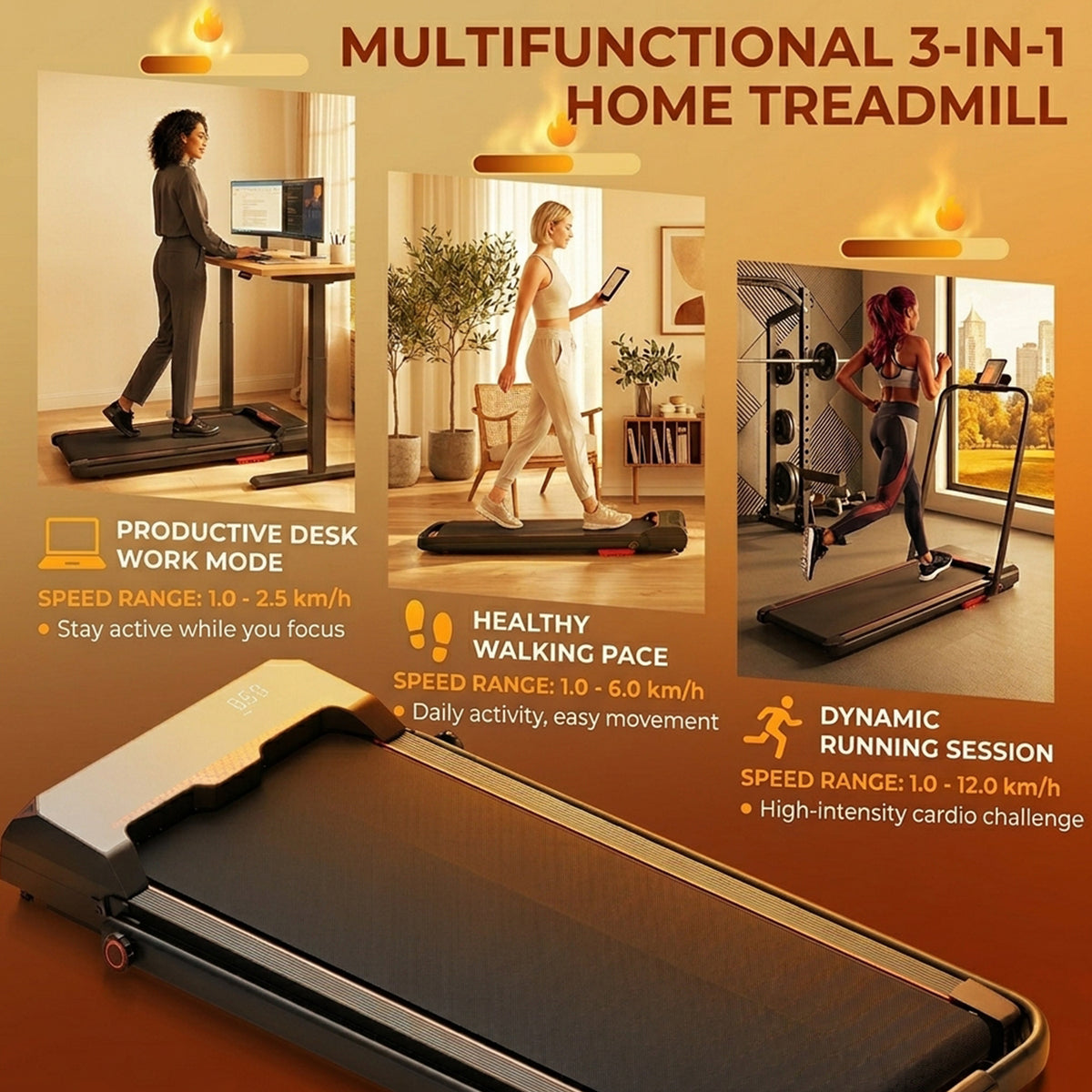3 in 1 Under Desk Walking Running Treadmill with LED Display Fitness Home