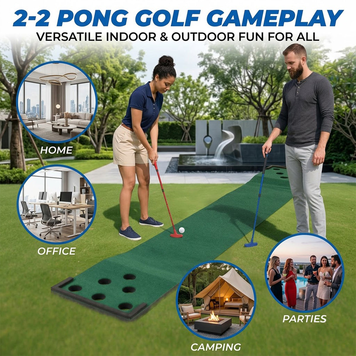 Golf Pong Game Set Portable Putting Mat with 2 Adjustable Putters & 6 Balls