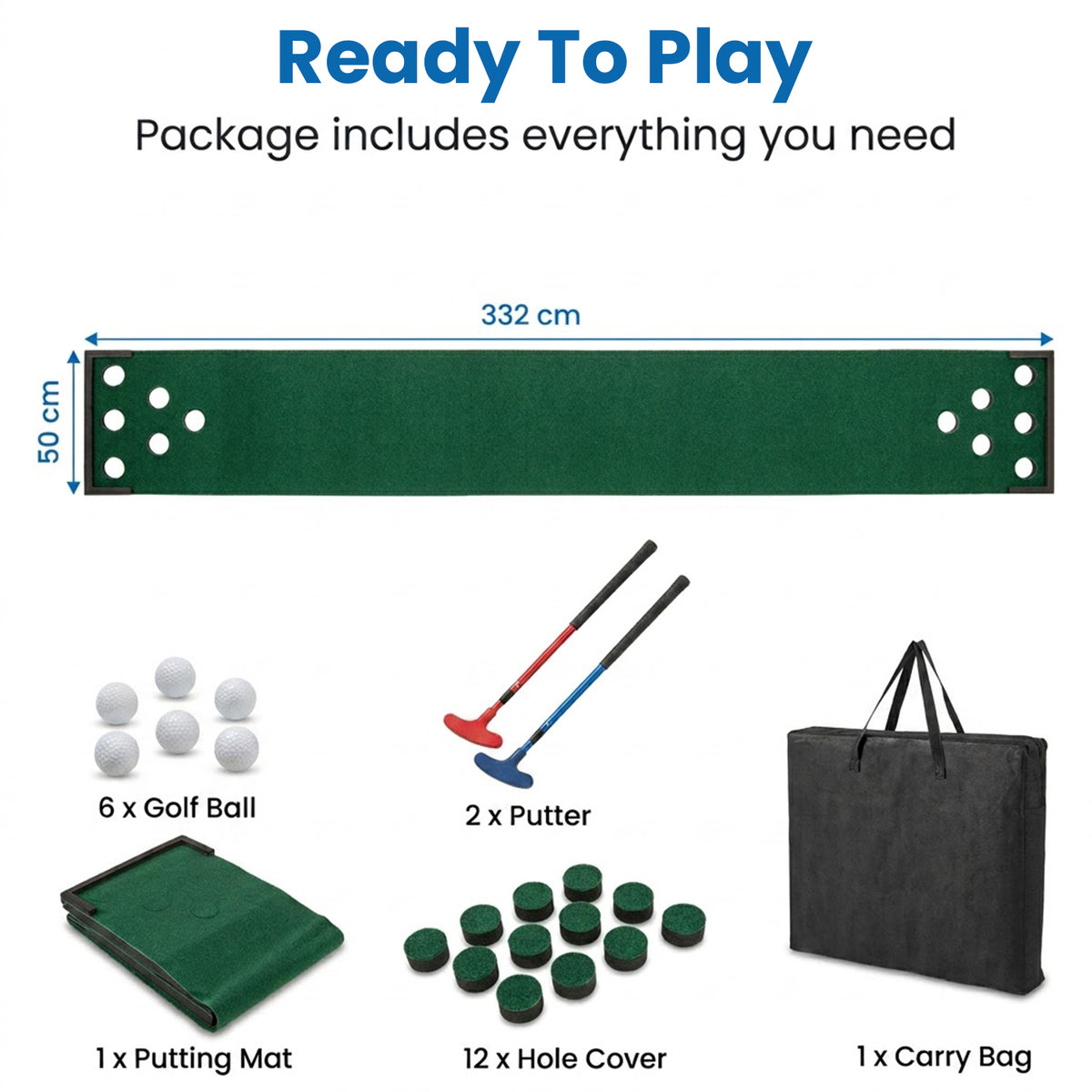 Golf Pong Game Set Portable Putting Mat with 2 Adjustable Putters & 6 Balls