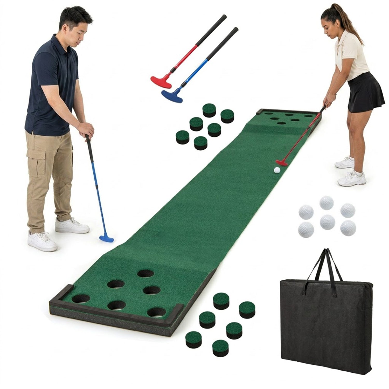 Golf Pong Game Set Portable Putting Mat with 2 Adjustable Putters & 6 Balls