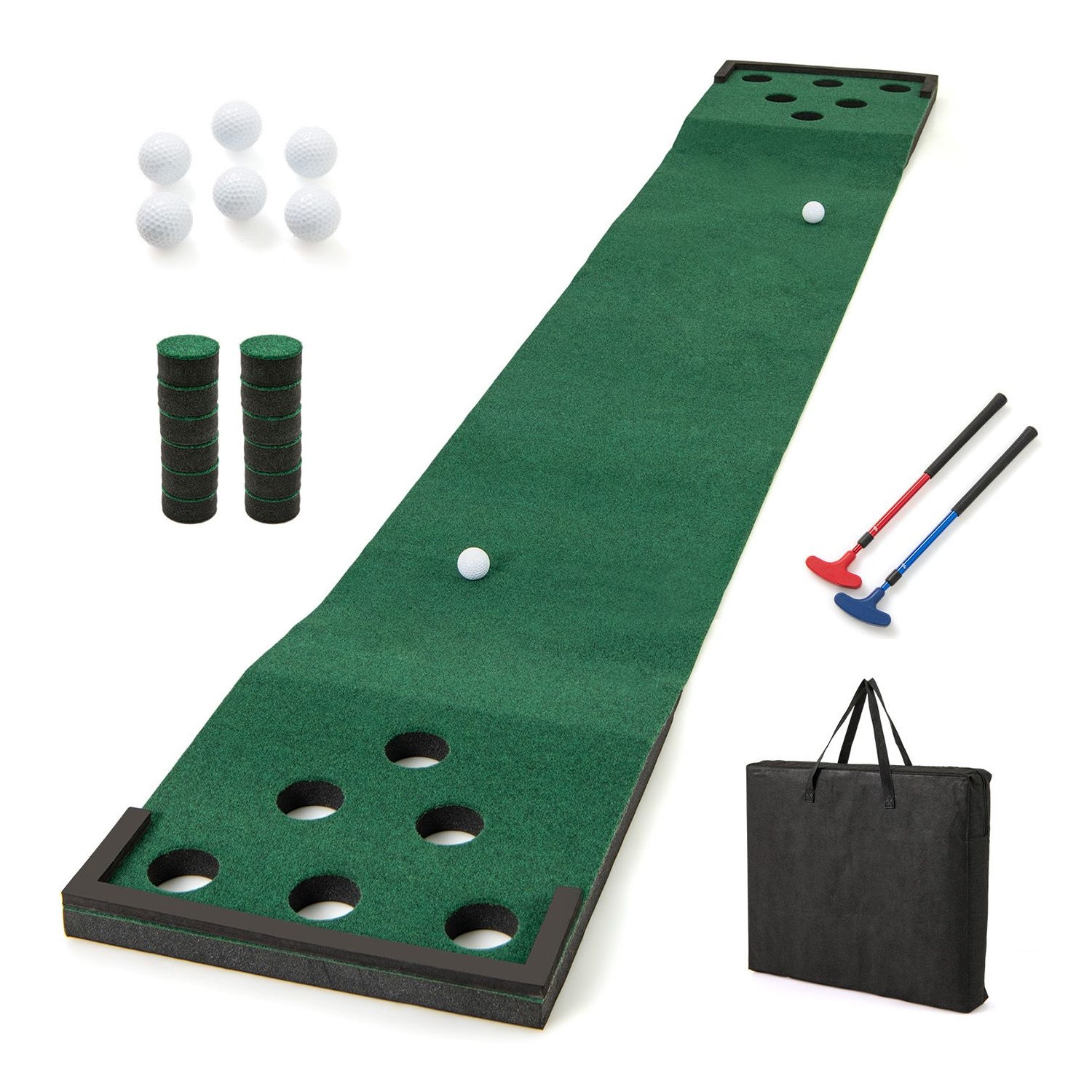 Golf Pong Game Set Portable Putting Mat with 2 Adjustable Putters & 6 Balls
