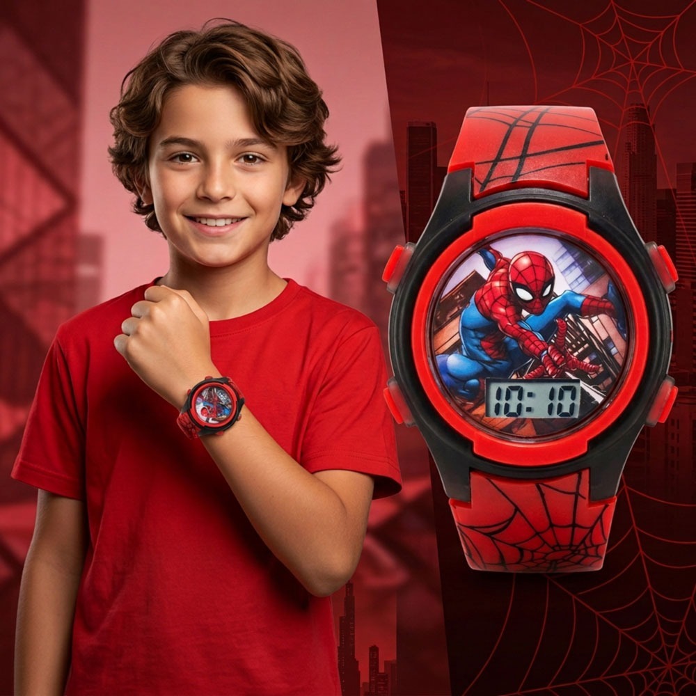 Marvel SpiderMan Kid Digital Watch LED Light Up Adjustable Strap Tin