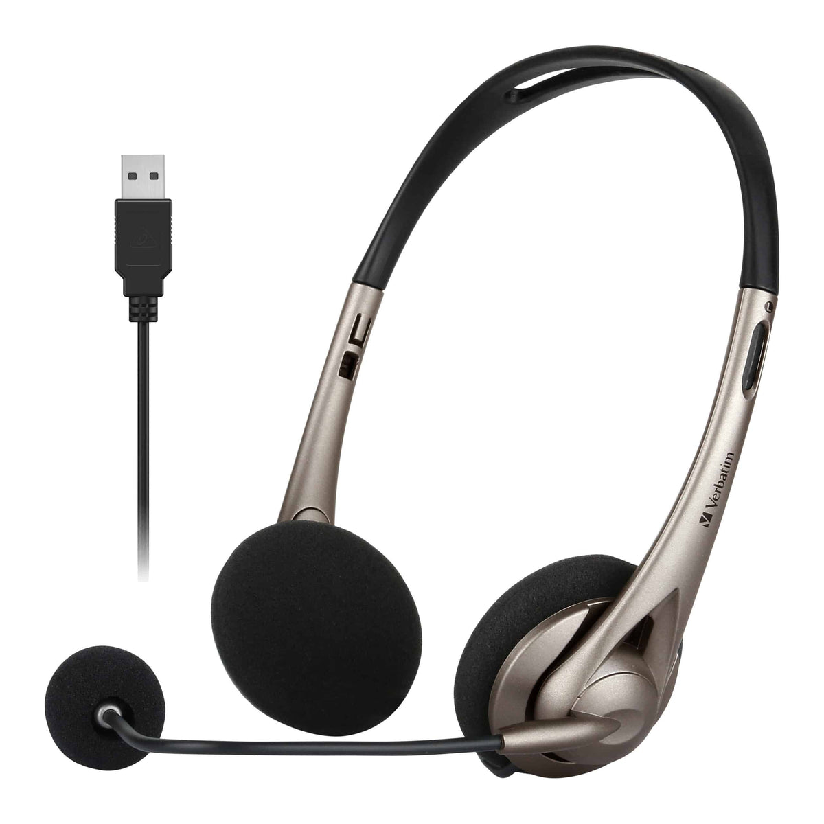 Verbatim Multimedia USB Headset with Adjustable Boom Mic In Line Volume Control 30mm Drivers Foam Ear Cushions Grey