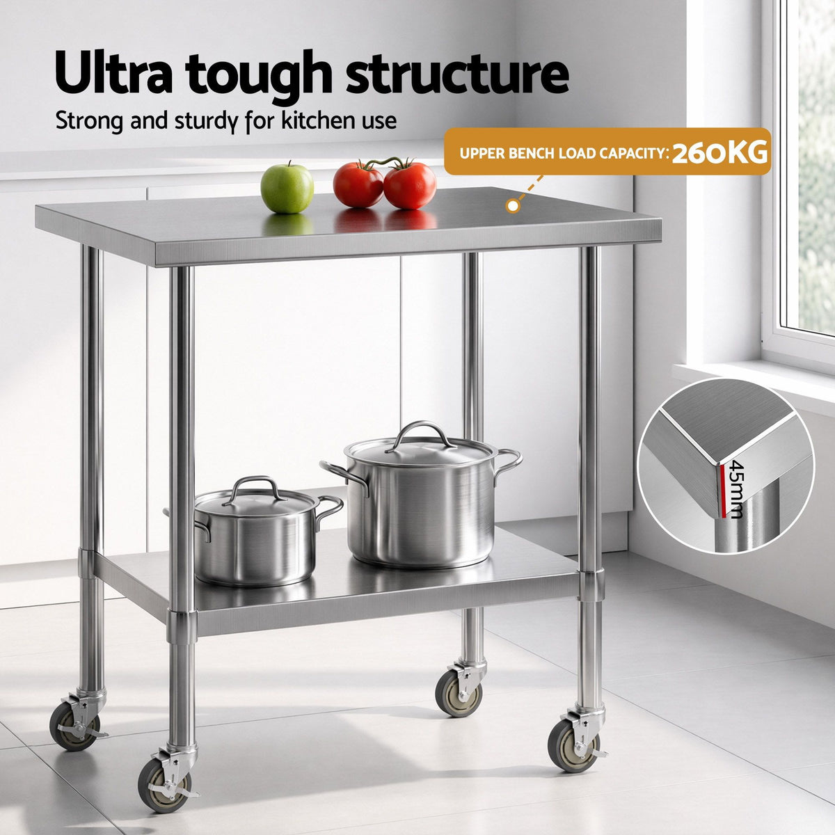Cefito 914x762mm Stainless Steel Kitchen Bench w/ Splashback Work Table Bench