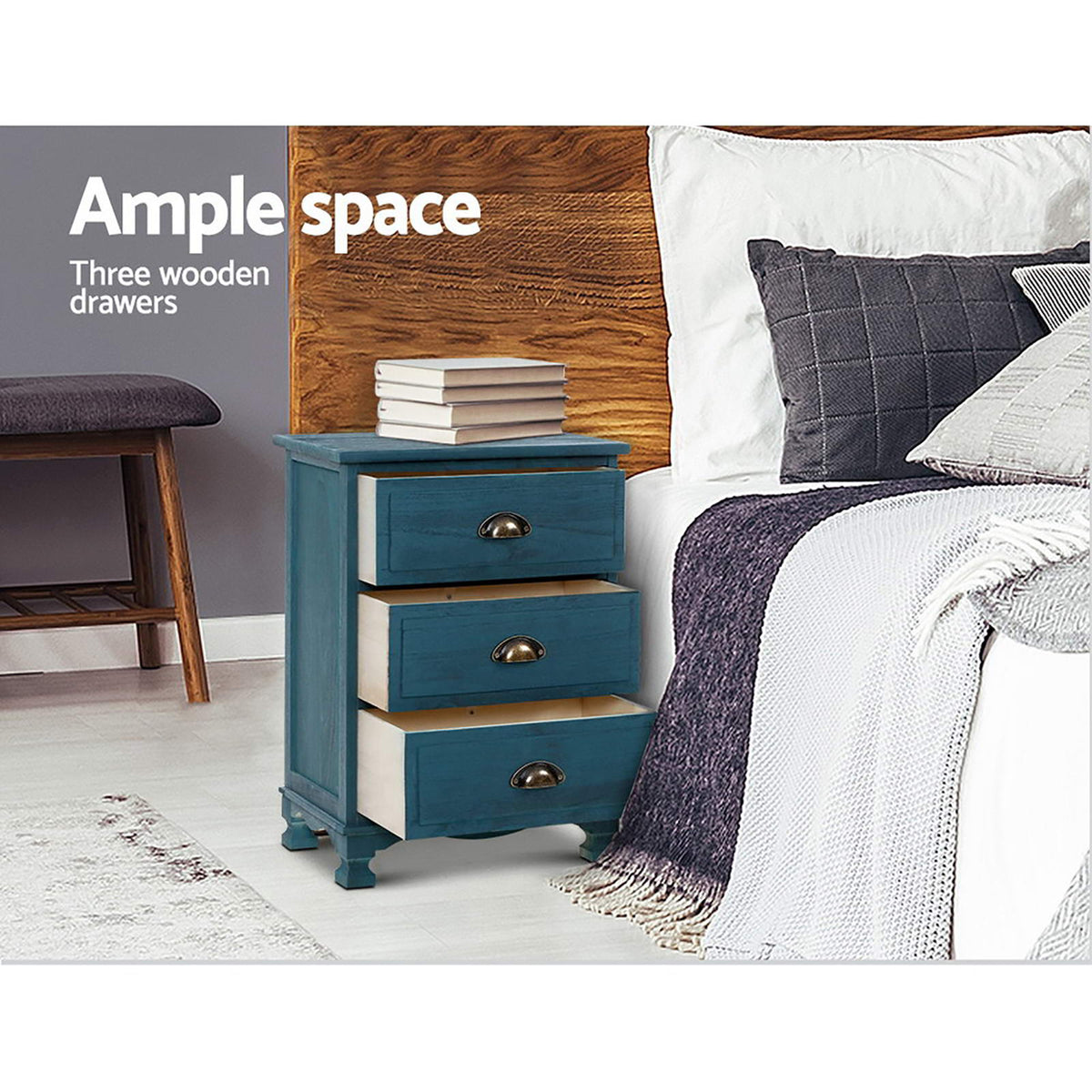 Artiss 2x Bedside Table 3 Drawers Vintage - Blue