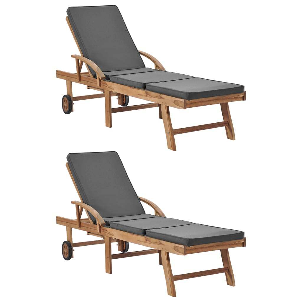 Sun Loungers with Cushions Set of 2 Solid Teak Wood Garden Recliner Dark Grey