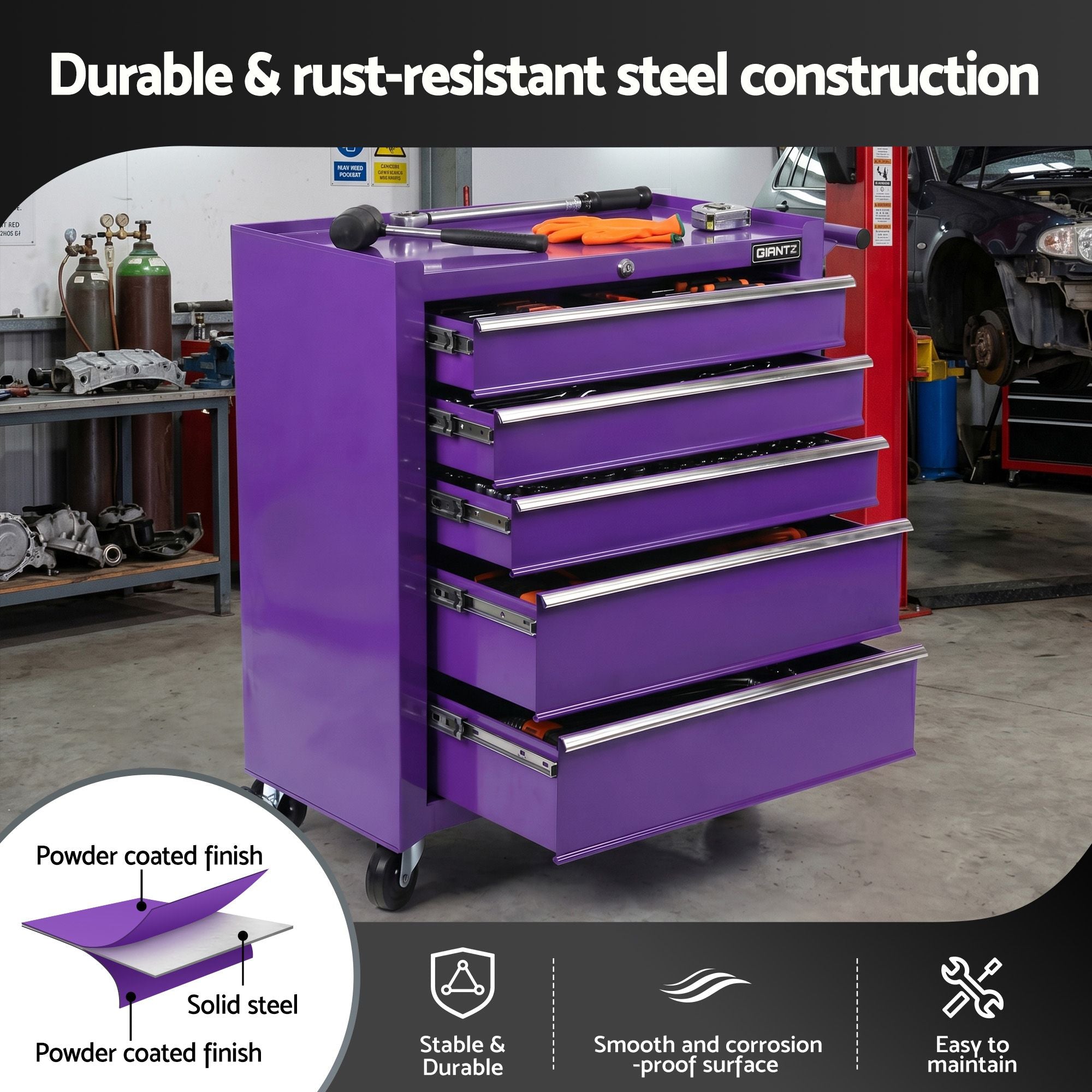 Giantz 5 Drawer Tool Chest Trolley Cabinet Toolbox Heavy Duty Garage Storage Organiser Purple