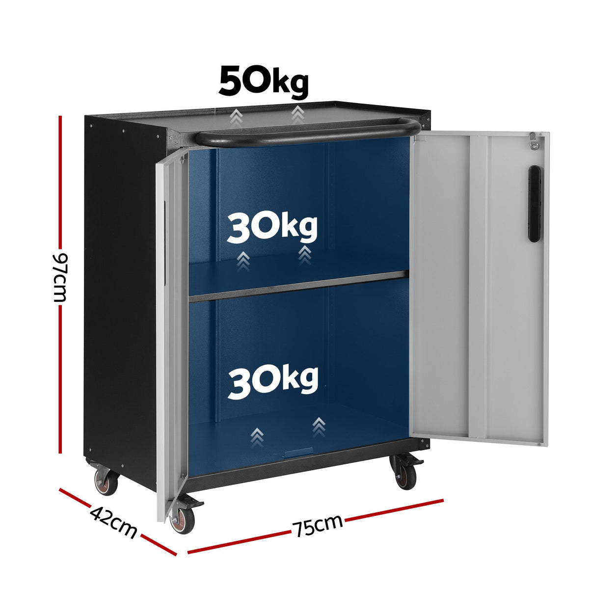 Giantz Rolling Tool Cabinet Heavy-Duty Storage Adjustable Shelf Black Grey