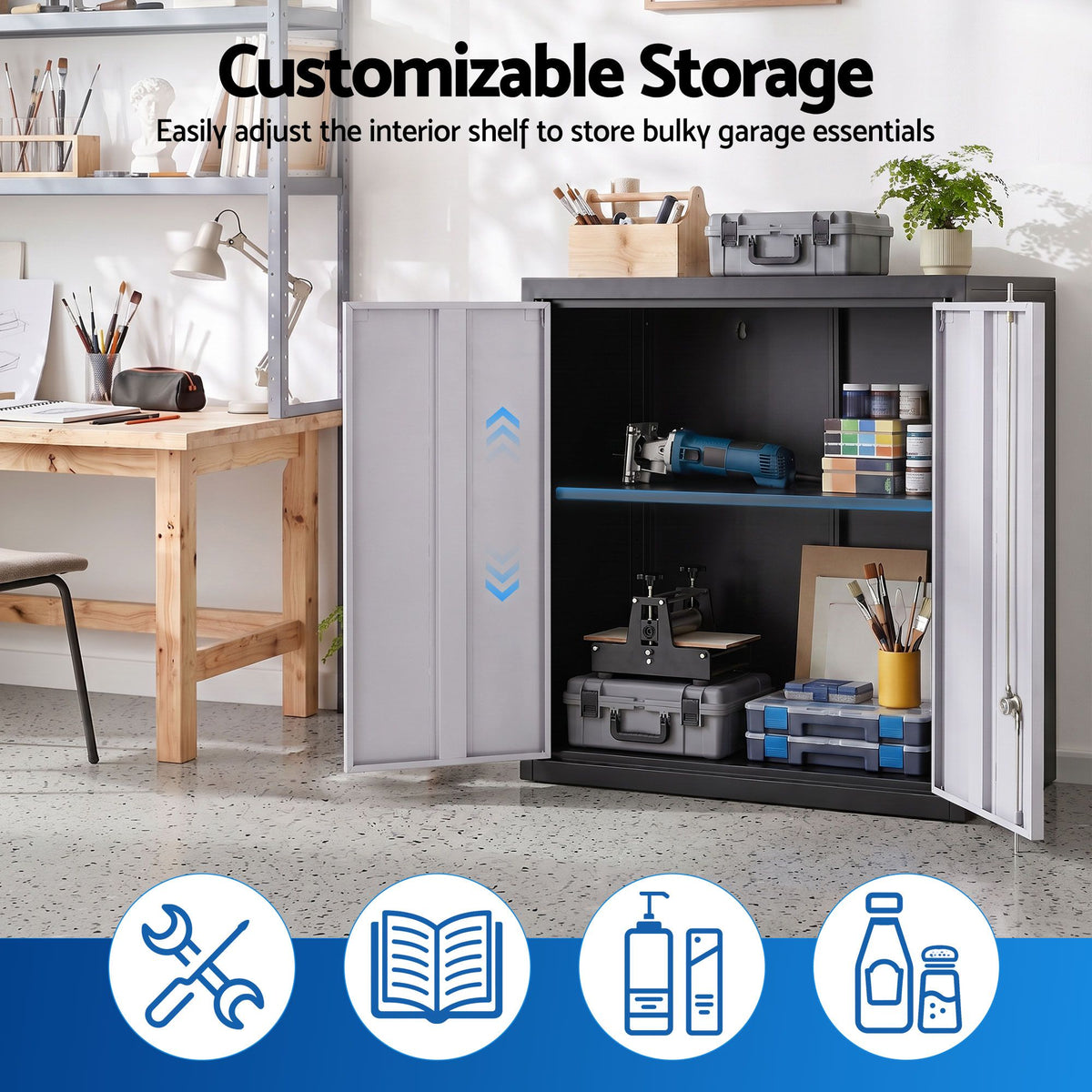 Giantz Steel Tool Cabinet Wall Mount Adjustable Shelf Garage Storage Black Grey