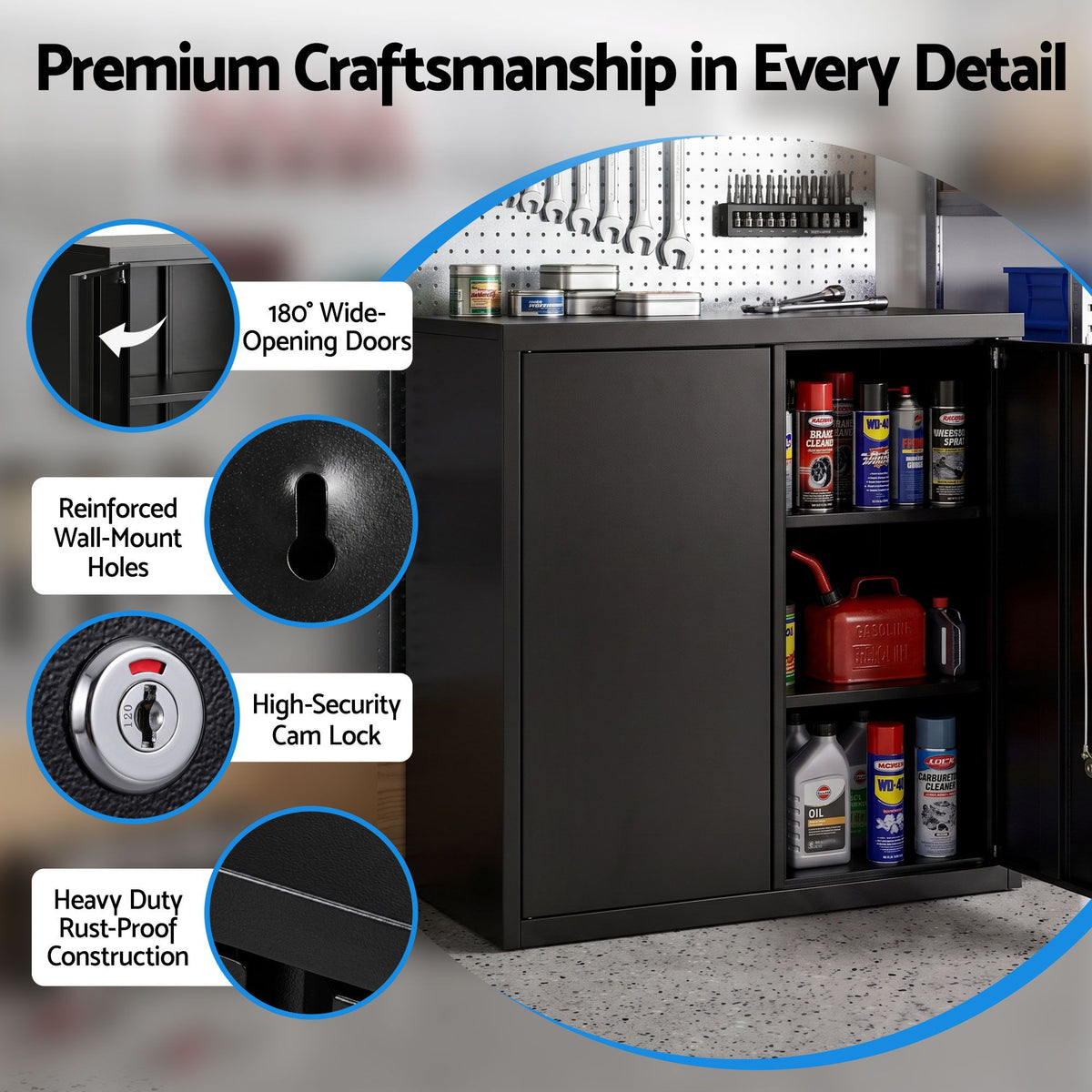 Giantz Steel Tool Cabinet Wall Mount Adjustable Shelf Garage Storage Black