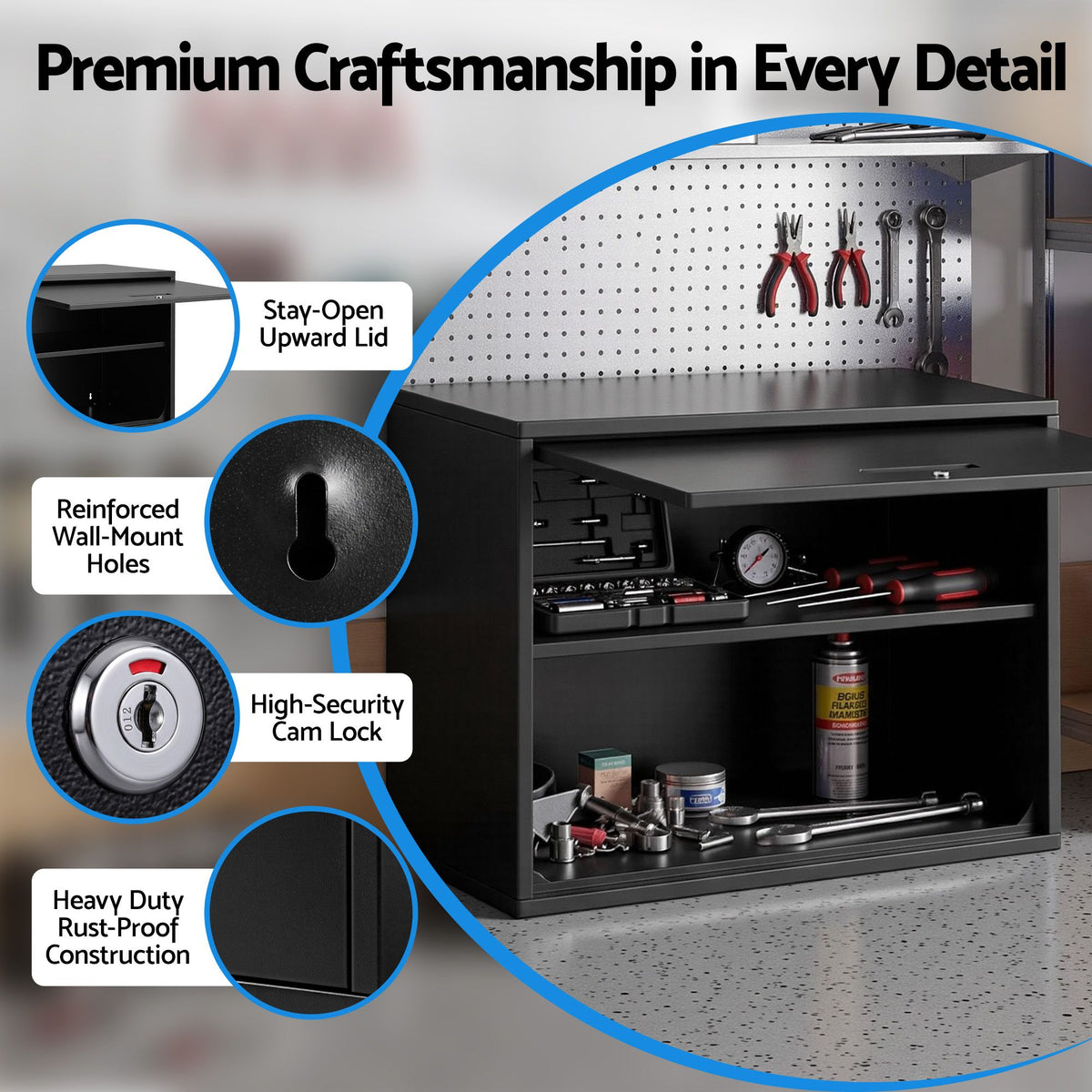 Giantz Wall Mount Steel Tool Cabinet Garage Storage Box Lockable Shelf Black