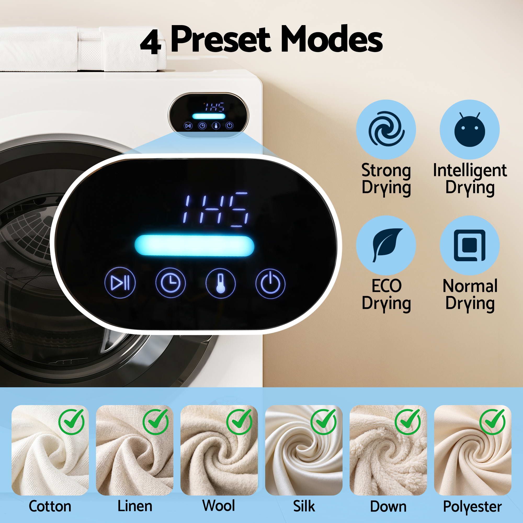 Devanti 6kg Tumble Dryer, Intelligent Touch Screen Clothes Dryer with 4 Drying Modes Stainless Steel Drum, 54x60x67.5cm