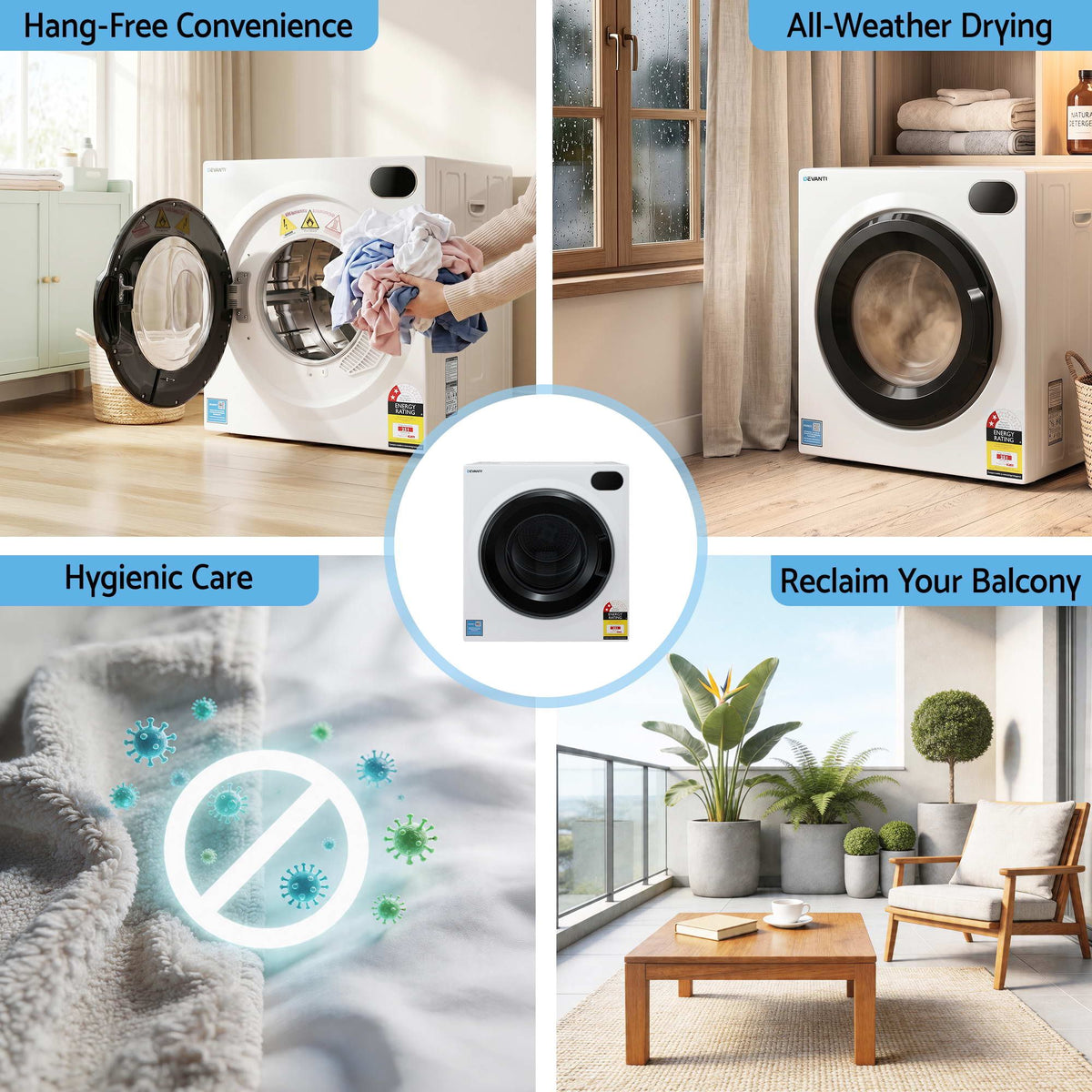 Devanti 6kg Tumble Dryer, Intelligent Touch Screen Clothes Dryer with 4 Drying Modes Stainless Steel Drum, 54x60x67.5cm