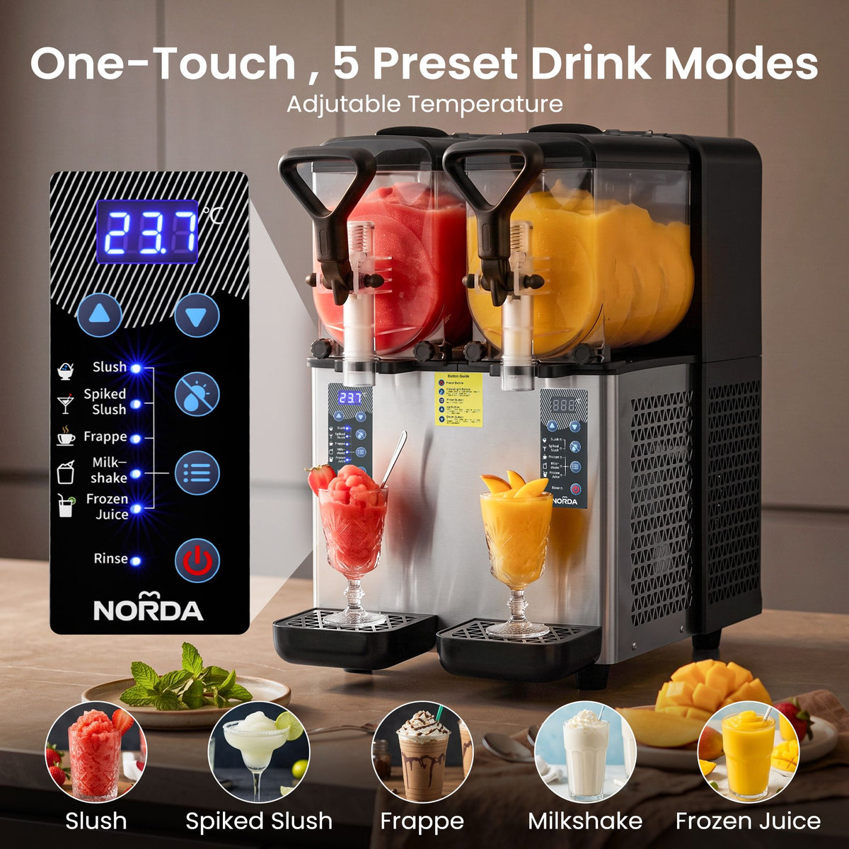 NORDA Slushie Machine 2x4L Tank Commercial Frozen Drink Maker 5 Modes