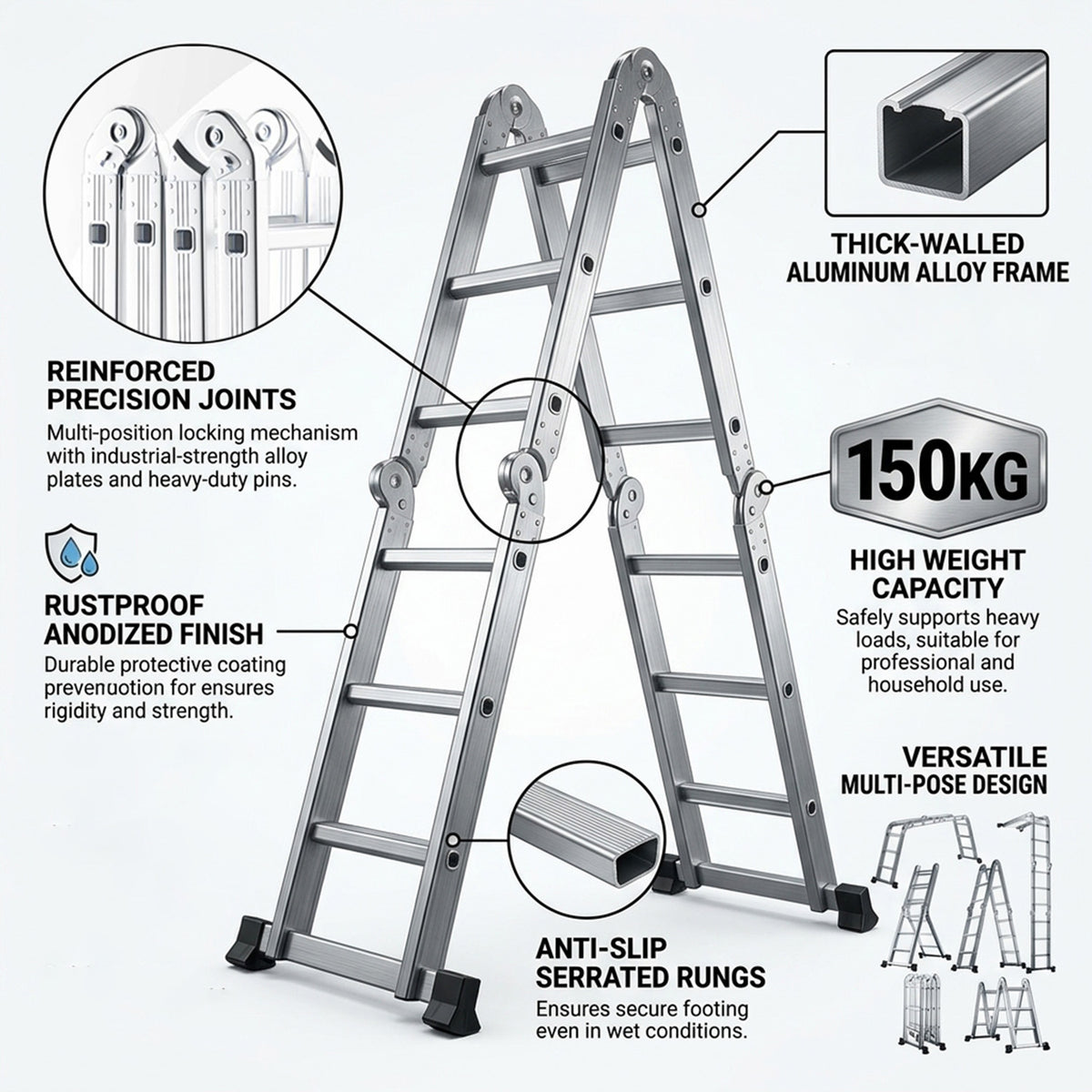 7 in 1 Folding Aluminium Ladder with Anti Skid Pedal Multi Purpose Tool